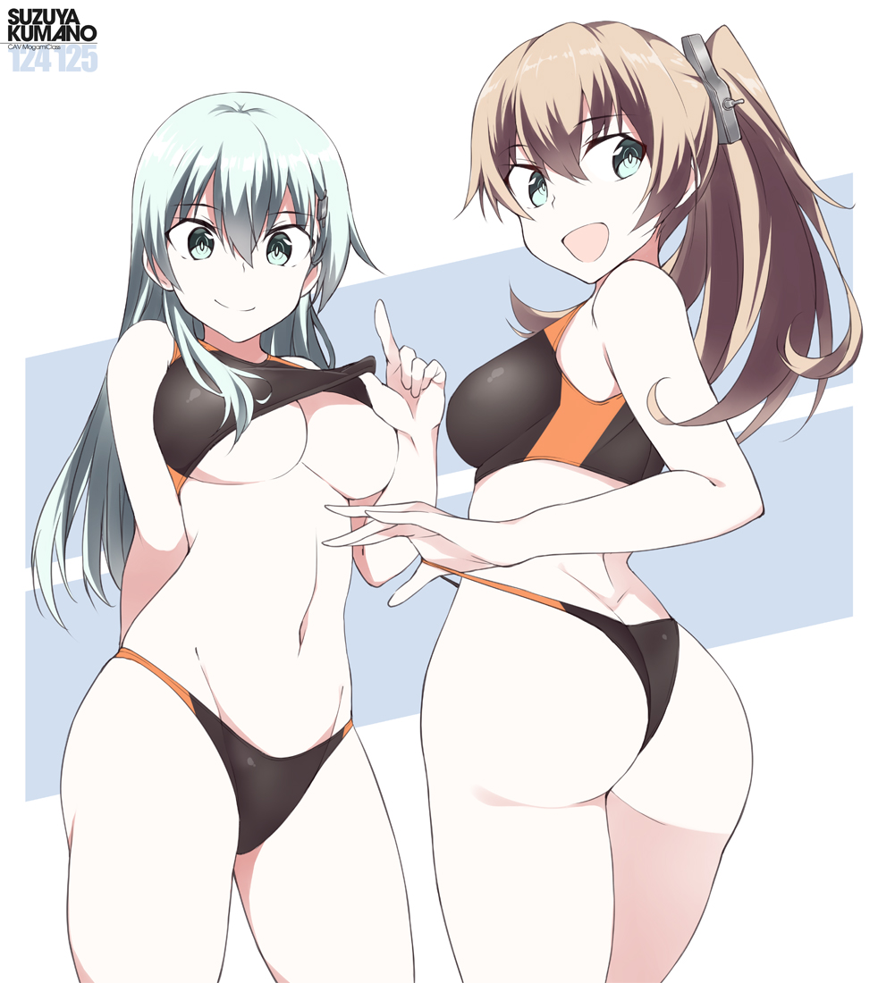 2girls :d alternate_costume ass ass_cleavage bikini black_bikini blue_eyes breasts brown_hair butt_crack character_name cowboy_shot green_eyes green_hair groin hair_between_eyes kantai_collection kumano_(kantai_collection) large_breasts long_hair medium_breasts multiple_girls navel open_mouth ponytail revision shigino_sohuzi smile sports_bikini sportswear suzuya_(kantai_collection) swimsuit