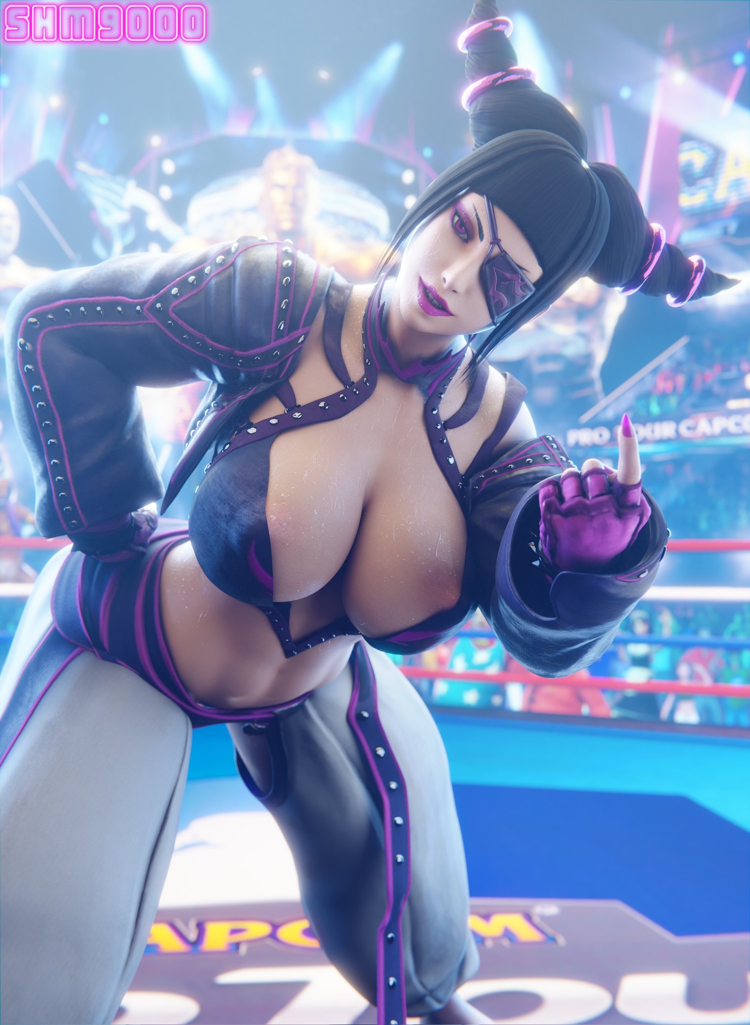 1girls, 3d, areolae, big breasts, blender, breasts, capcom, female, female only, juri han, large breasts, nipple piercing, nipples, piercing, solo, street fighter, superhentaimaster9000