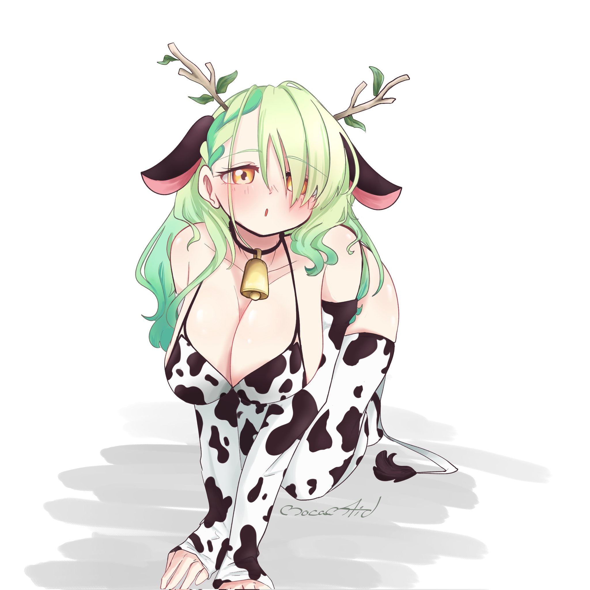 1girls, bikini, bikini top, ceres fauna, cow bikini, cow ears, cow print, cow tail, cowbell, female, hololive, hololive english, hololive english -council-, hololive english -promise-, horns, long sleeves, looking at viewer, nail polish, on all fours, pov, single braid, solo, solo female, thighhighs, virtual youtuber, yellow eyes
