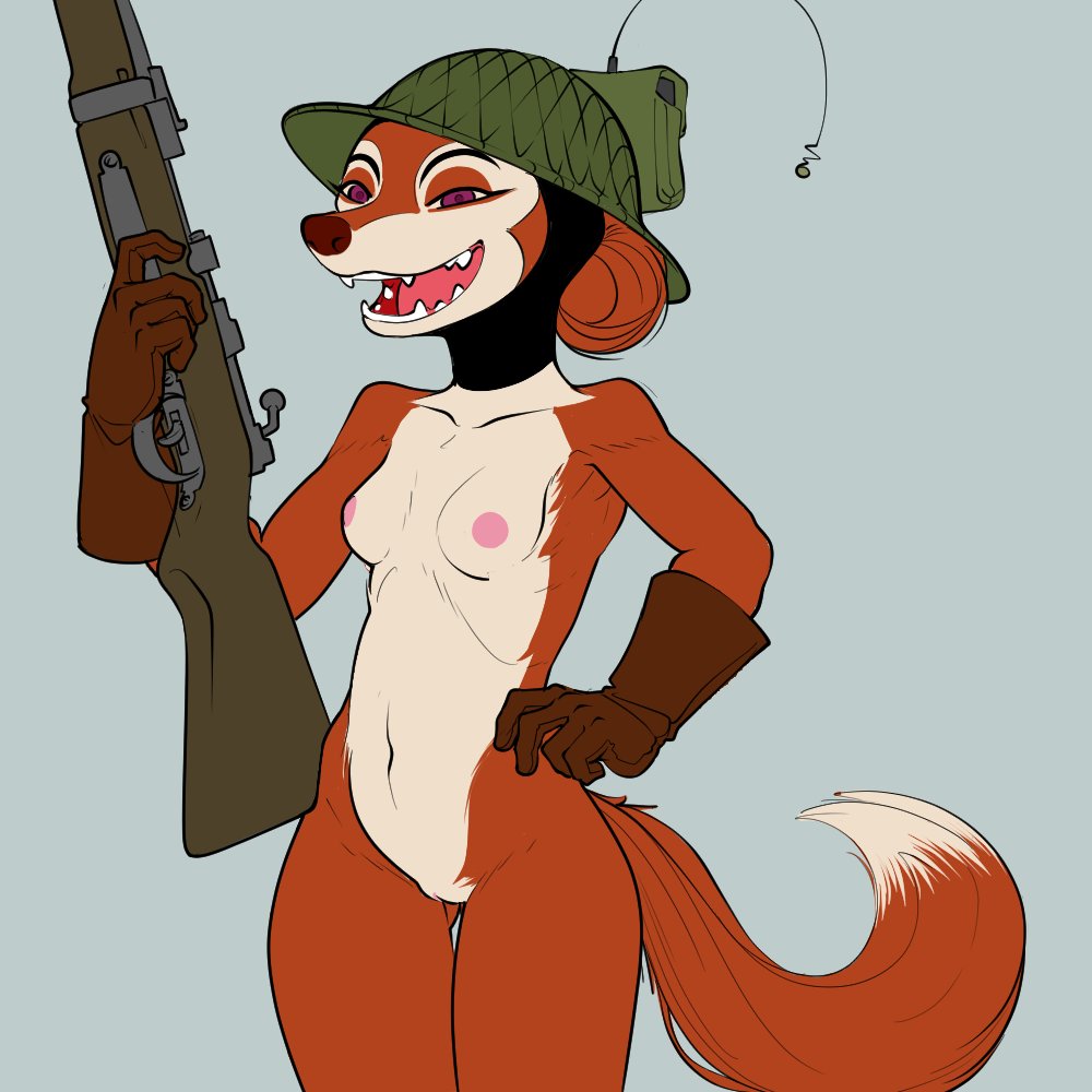 1:1 2022 anthro armor biped blue_background breasts brown_nose canid canine clothing digital_media_(artwork) dipstick_tail fangs female fox fur genitals gloves gun hand_on_hip handwear headgear helmet holding_gun holding_object holding_rifle holding_weapon mammal markings mouritzeen_(lenyavok) multicolored_body multicolored_fur nipples open_mouth open_smile orange_body orange_fur purple_eyes pussy ranged_weapon simple_background smile solo tail_markings two_tone_body two_tone_fur weapon white_body white_fur xenopera