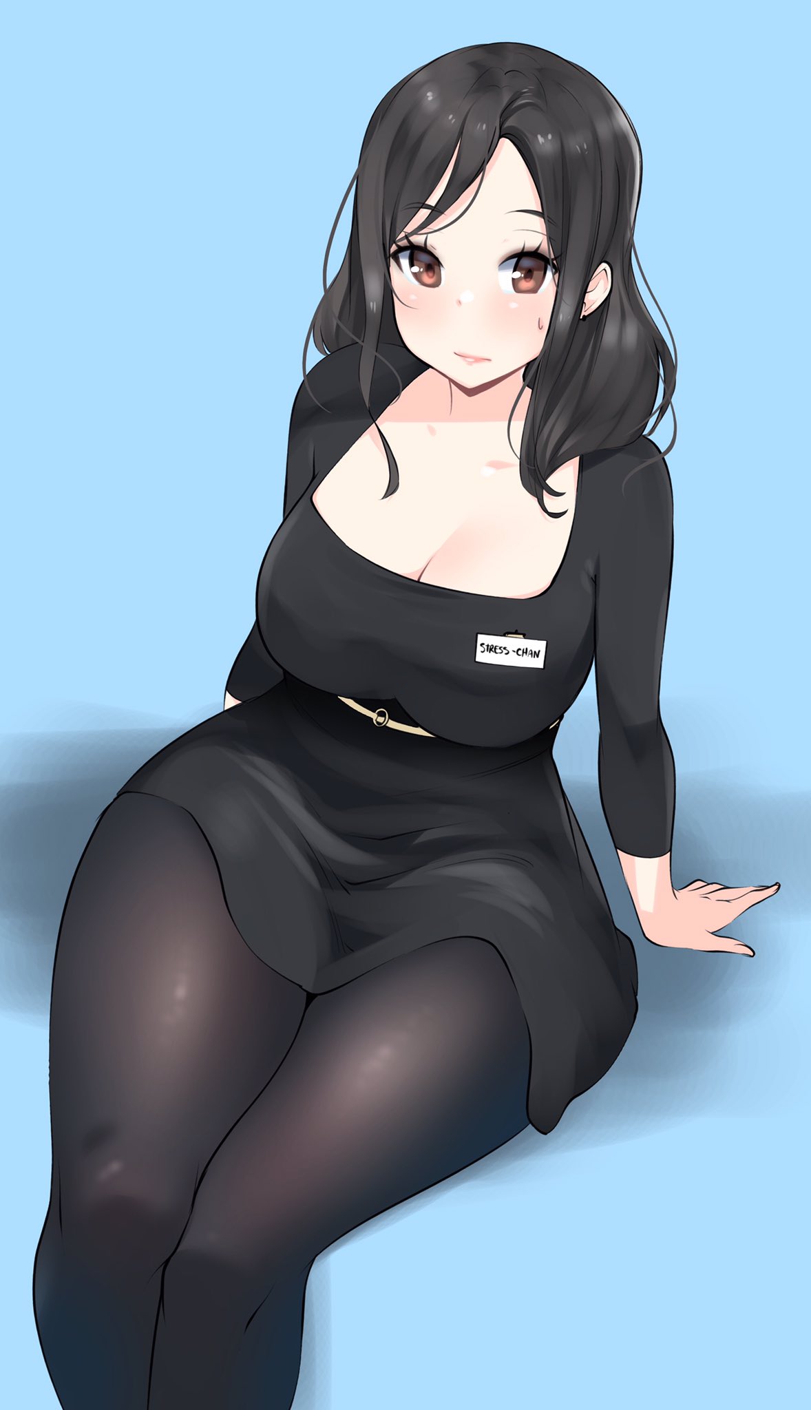 big_breasts black_hair bottom_heavy breasts brown_eyes earrings female huge_thighs kenron_toqueen large_breasts long_hair office_lady sitting skirt solo stockings tagme thick_thighs thunder_thighs wide_hips