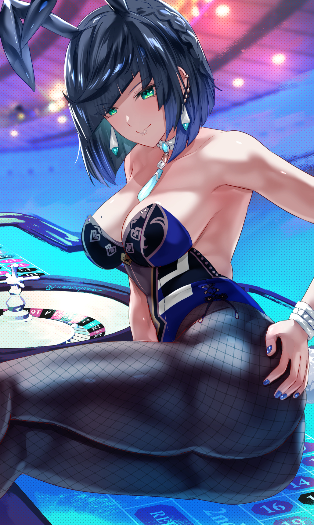 1girls, 2022, ass, blue hair, breasts, bunny ears, bunny girl, cleavage, female, female only, genshin impact, green eyes, hips, huge breasts, large ass, leotard, looking at viewer, lying on side, short hair, slim waist, smile, thick thighs, thighs, uenoryoma, wide hips, yelan (genshin impact)