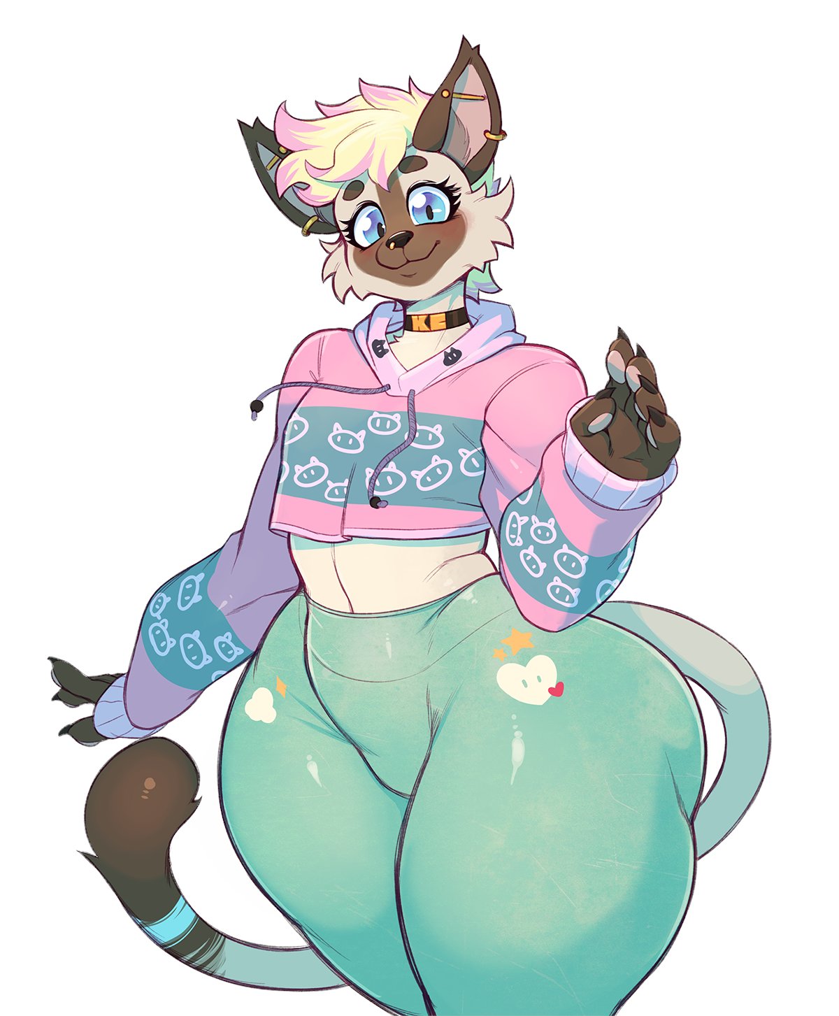 1boy, anthro, ass, belly bulge, blue eyes, carmessi, cat boy, cat humanoid, catboy, choker, curvy, femboy, feminine male, furry, huge ass, kc (killedbycuriosity), looking at viewer, male, midriff, midriff baring shirt, original, pierced ears, thick ass, thick thighs, thunder thighs, wide hips, yoga pants