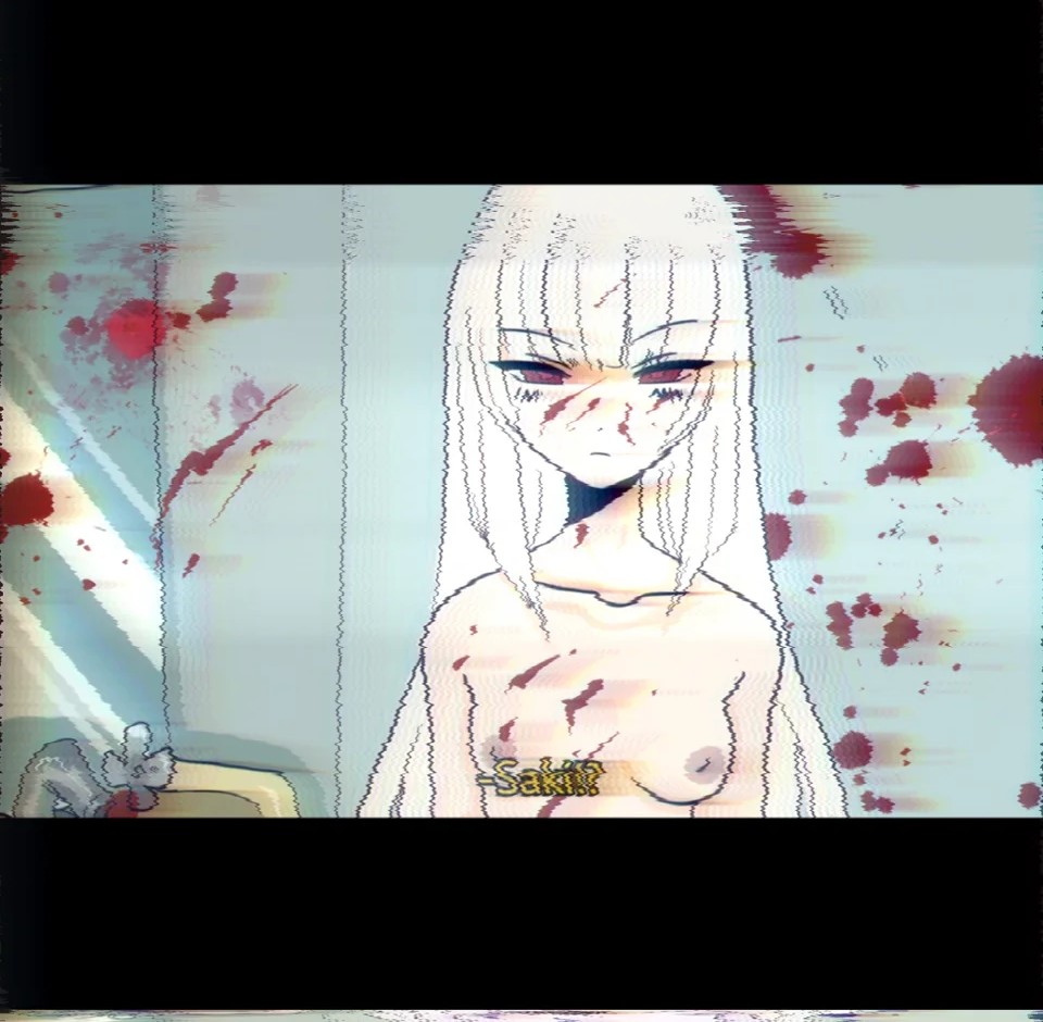 bathroom bathroom_mirror bathroom_sink bathroom_wall blood blood_everywhere blood_splatter breasts bxnnyeggz dialogue english_text go_for_a_punch long_hair looking_at_viewer lost_media mirror nipples red_eyes saki_sanobashi vhs_filter white_background