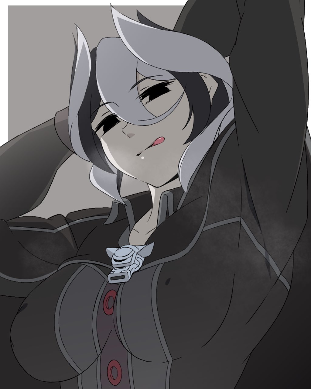 armpits, arms up, big breasts, black and white hair, black eyes, breasts, breath, female, female only, fully clothed, hair between eyes, hands behind head, licking lips, light skin, light-skinned female, looking at viewer, made in abyss, musk, nipple bulge, ozen, pale skin, pale-skinned female, sasasasa tosh, short hair, smell, solo, steam, two-tone hair, upper body