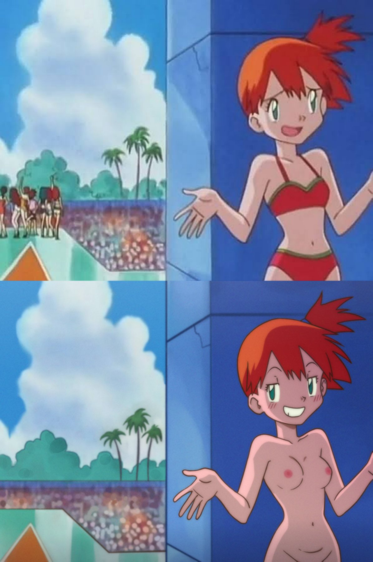 accurate art style, belly button, bikini, breasts, completely nude, female, kasumi (pokemon), multiple females, multiple girls, nipples, nude, nude female, palm tree, pokemon, pokemon (anime), pokemon rgby, screenshot edit, side ponytail, smile, tanquito