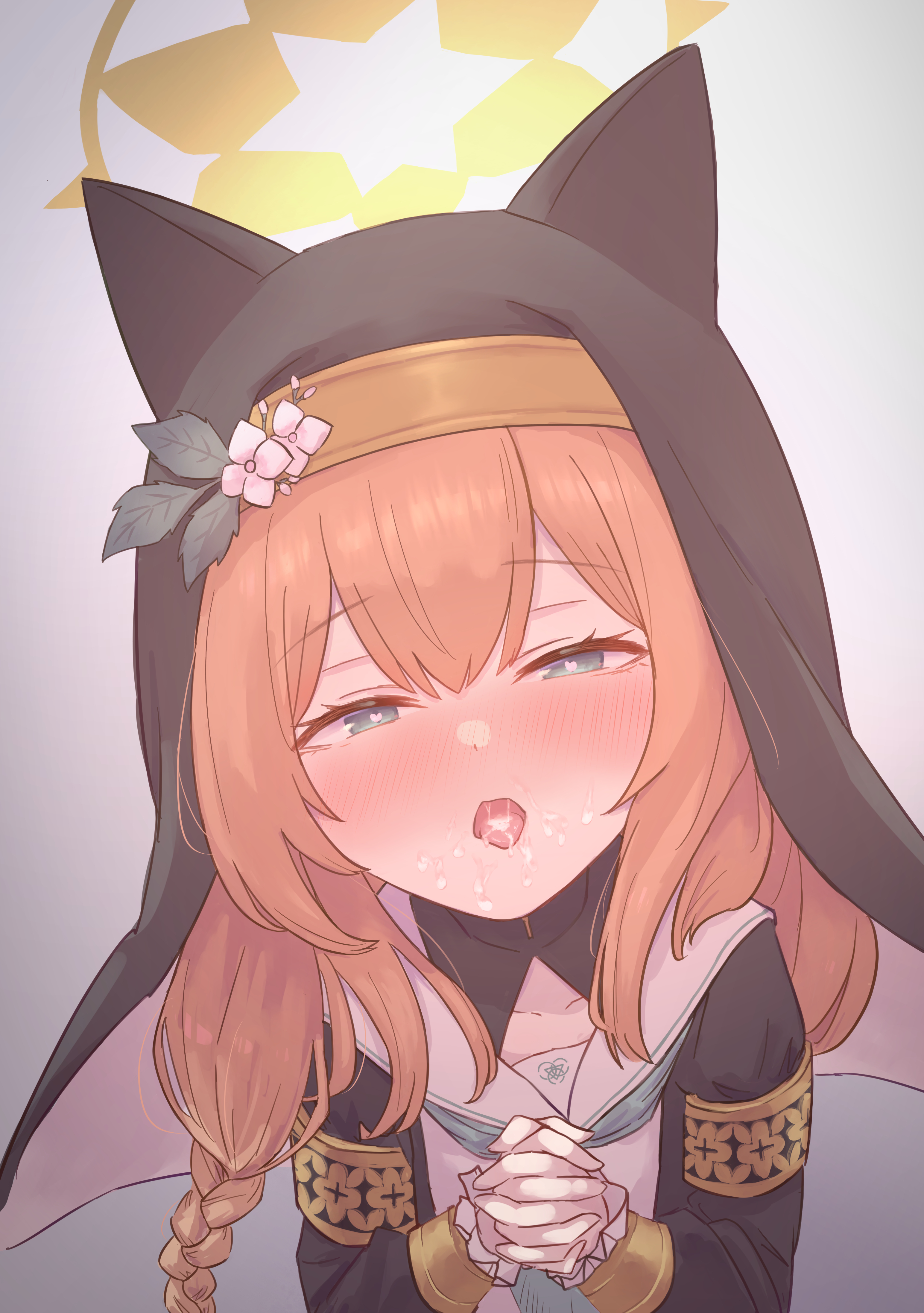 animal ears, artist request, blue archive, blue eyes, blush, cat ears, cum, cum in mouth, halo, mari (blue archive), nun, nun outfit, nun's habit, orange hair, redhead, sisterhood (blue archive), tagme, tagme (artist), trinity general school logo (blue archive), trinity general school student, young