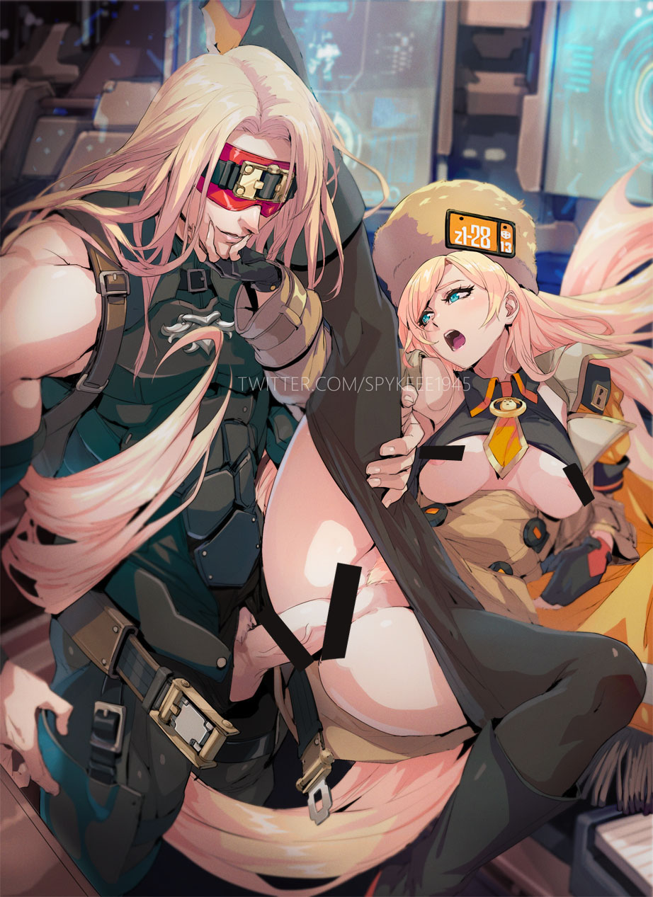 1boy bar_censor belt blindfold blonde_female blonde_hair censored clothed_sex clothes_pull female female_pubic_hair fingerless_gloves fur_hat gloves guilty_gear guilty_gear_strive hand_on_another's_face hat high_heels highres long_hair millia_rage open_belt pantyhose pantyhose_pull penis prehensile_hair pubic_hair pussy spykeee straight ushanka very_long_hair zato-1