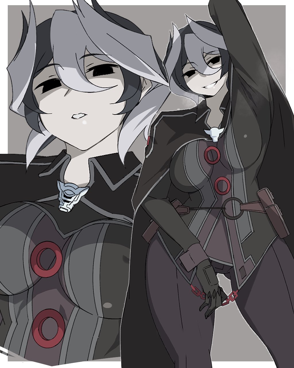 arm up, armpit, big breasts, black and white hair, black clothing, black eyes, black gloves, breasts, breath, empty eyes, female, female only, fully clothed, gloves, hair between eyes, light skin, light-skinned female, looking at viewer, made in abyss, mature, mature female, musk, nipple bulge, ozen, pale skin, pale-skinned female, pants, sasasasa tosh, shaded face, short hair, smile, solo, steam, thick thighs, tight clothing, two-tone hair, wide hips