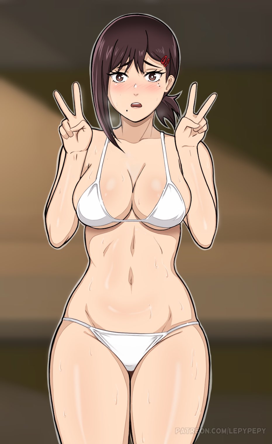 1girls black_eyes black_hair blush bottomwear bra breasts chainsaw_man cleavage double_peace_sign female female_only higashiyama_kobeni lepypepy medium_breasts mole mole_under_eye mole_under_mouth panties peace_sign solo sweat sweatdrop thighs topwear white_bra white_panties