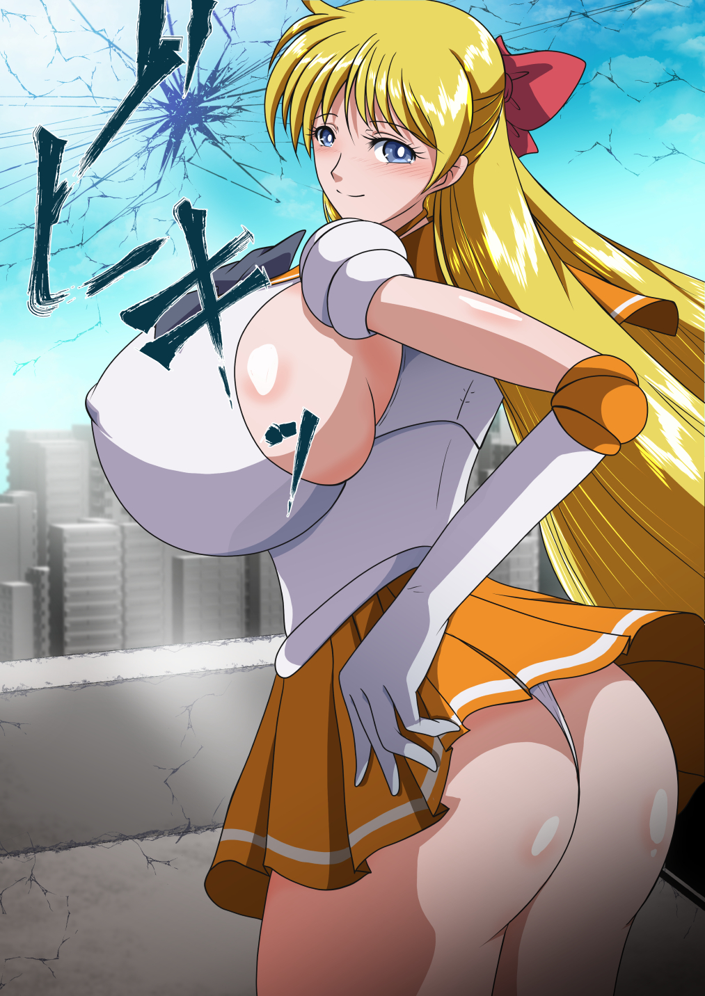 1girls ass bishoujo_senshi_sailor_moon blonde_female blonde_hair blue_eyes bow clothing cracked_screen female female_only giant_breasts huge_breasts kyorunofu large_breasts looking_back minako_aino panties sailor_venus skirt solo sweat tagme