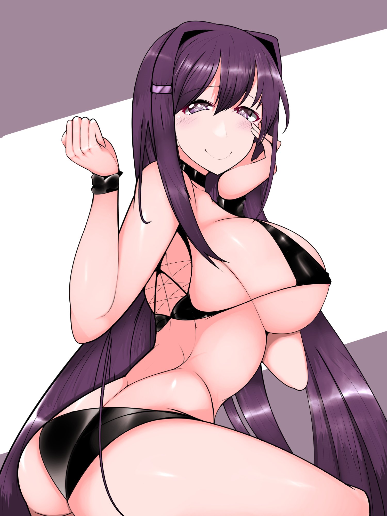 1girls, airokei, almost naked, arm up, black bra, black panties, blush, bra, doki doki literature club, female, looking at viewer, panties, purple eyes, purple hair, smiling, smiling at viewer, solo, yuri (doki doki literature club)