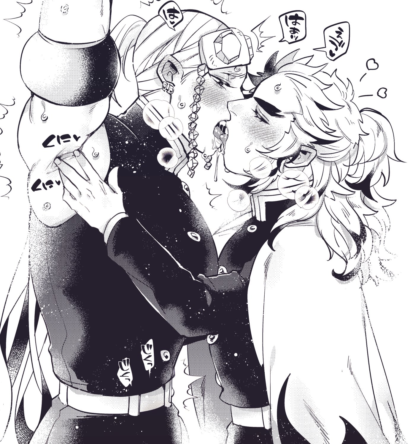 2boys, armband, armlet, armpit, armpit crease, armpit fetish, arms up, blush, breath, closed eyes, demon slayer, french kiss, fully clothed, gay, half-closed eyes, headband, headwear, horny, kimetsu no yaiba, kissing, kyu 717, looking at another, male, male only, monochrome, ponytail, rengoku kyoujurou, saliva, sleeveless, sweat, thick eyebrows, uniform, uzui tengen, yaoi