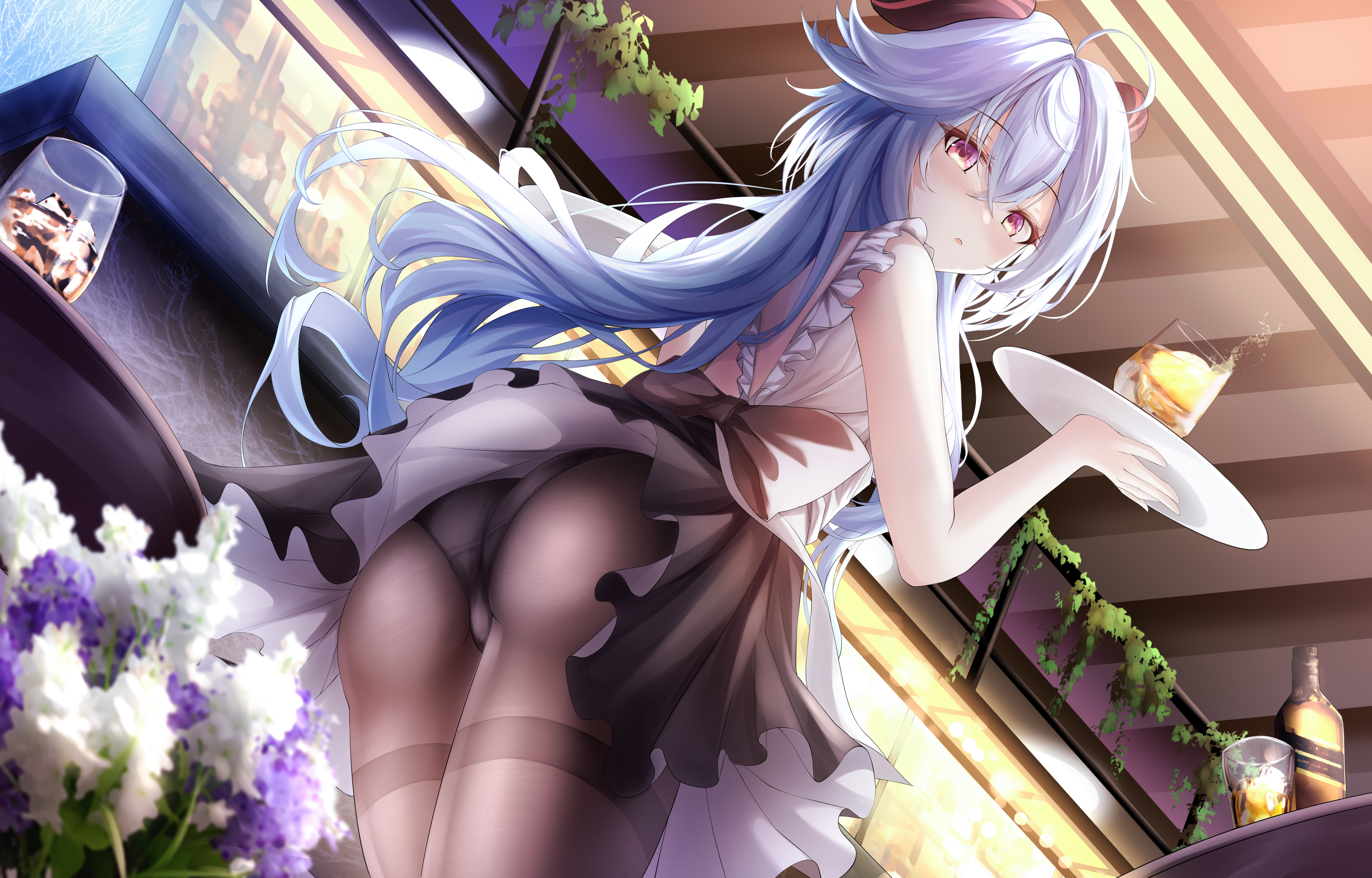 absurdres, ahoge, ass, bangs, bar, black pantyhose, blue hair, blush, drink, female, from behind, from below, ganyu (genshin impact), genshin impact, highres, horns, long hair, looking at viewer, looking back, low ponytail, maid, panties, panties under pantyhose, pantyhose, parted lips, proverbs zhenyan, purple eyes, solo, standing, thighband pantyhose, tray, underwear