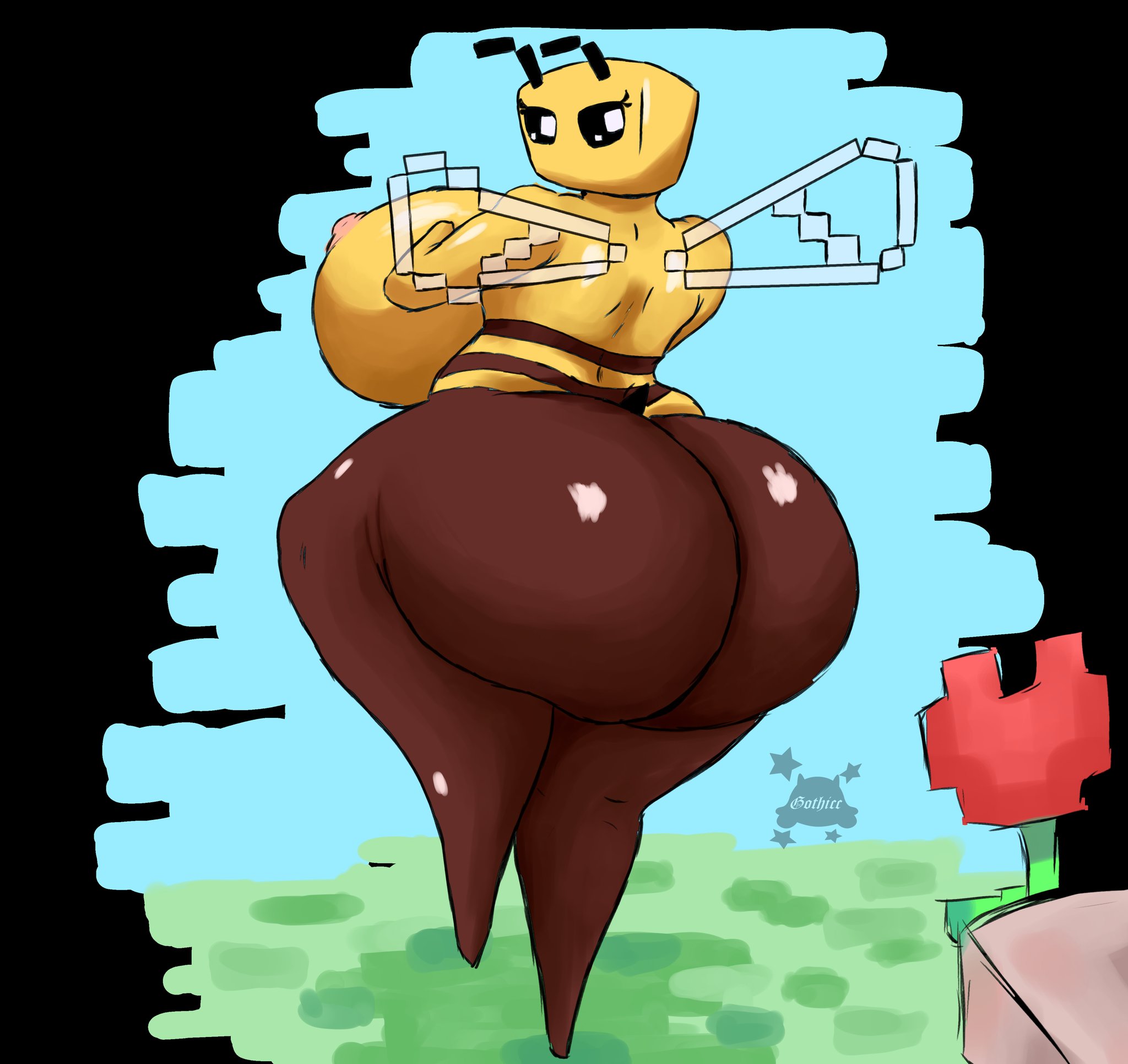 antennae, anthro, ass, bee, bee (minecraft), big ass, big breasts, big butt, black eyes, breasts, bubble ass, bubble butt, female, flower, gothicc komy (artist), hyper, looking at viewer, looking back, minecraft, mouthless, outside, stinger, stripes, wide hips, wings