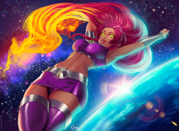 1girls, darkra, dc, dc comics, female, miniskirt, panty bulge, panty shot, pantyshot, solo, starfire, tamaranean, upskirt