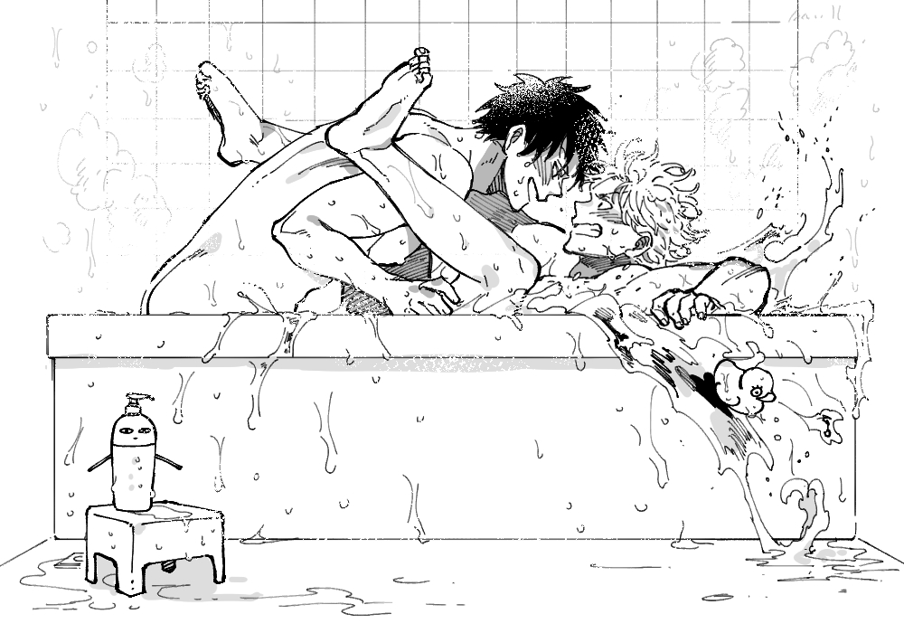 2boys bath bathing bathroom bathtub blush clenched_teeth completely_nude dandalian feet_up gay gintama gintoki_sakata hijikata_toshiro implied_anal implied_sex justaway looking_at_another male male_only monochrome nude smile sweat water wet yaoi