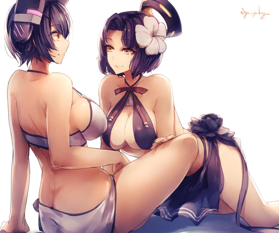 2girls, all fours, arm support, back, bare back, bare shoulders, bikini, breasts, brown eyes, cleavage, eye contact, eyepatch, female, flower, genyaky, hair flower, hair ornament, headgear, imminent sex, kantai collection, large breasts, mechanical halo, multiple females, multiple girls, purple hair, sarong, short hair, sideboob, sitting, smile, swimsuit, tatsuta (kantai collection), tenryuu (kantai collection), yellow eyes, yuri