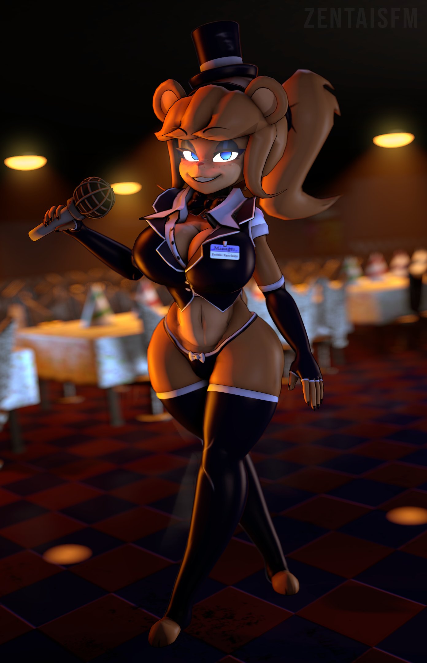 3d 3d_(artwork) anthro bear bear_ears big_breasts blue_eyes blush breasts brown_fur brown_hair brown_skin cally3d clazzey cryptiacurves fazclaire's_nightclub female female_only five_nights_at_freddy's fnaf freddy_(fnaf) fredina's_nightclub fredina_(cally3d) frenni_(cryptia) frenni_fazclaire glowing_eyes hat holding_object hourglass_figure huge_breasts large_breasts looking_at_viewer mic microphone rule_63 scottgames sfm short_hair smile smiling source_filmmaker thick_thighs thin_waist tophat wide_hips zentaisfm