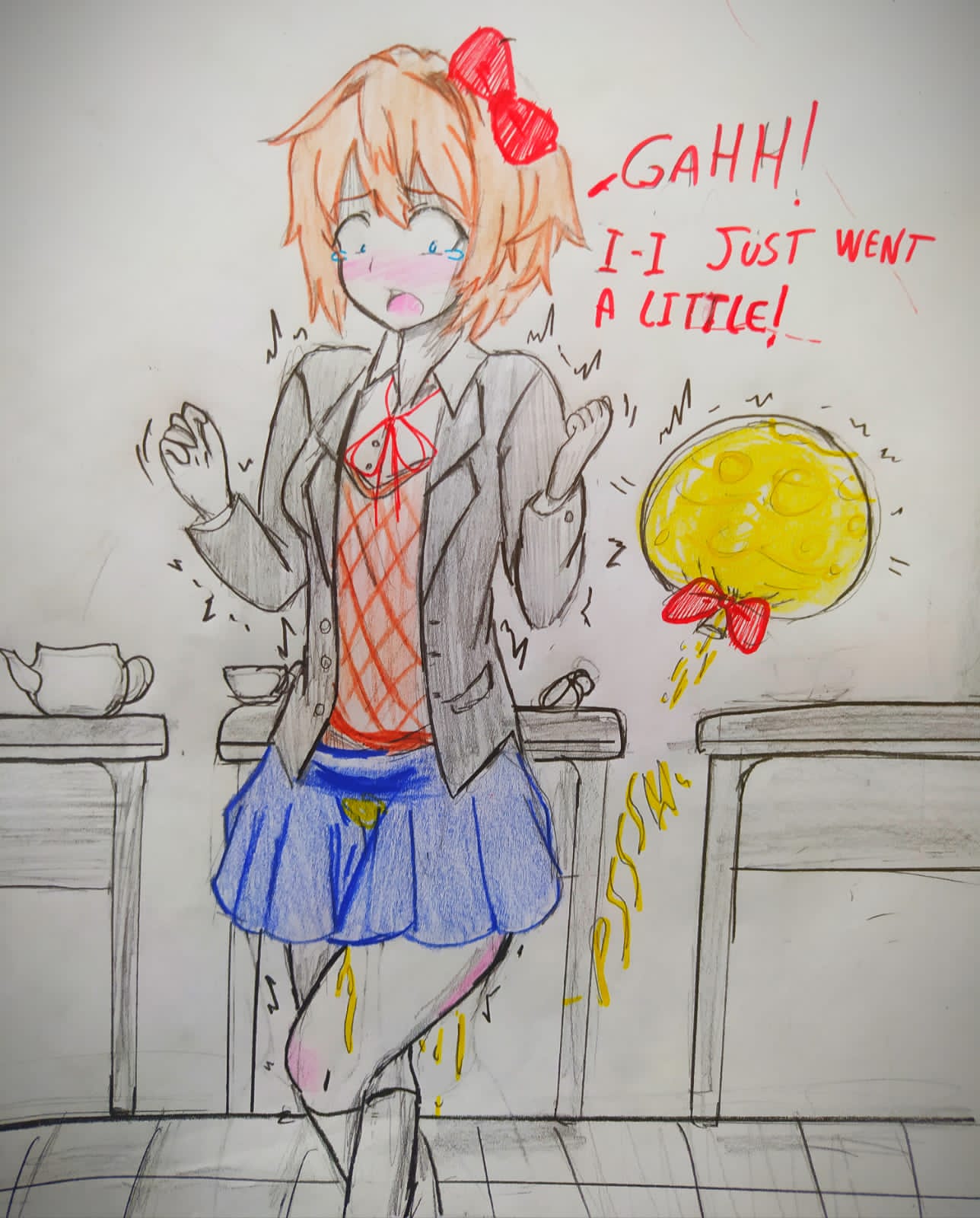 alphahyoudou bladder_gauge doki_doki_literature_club holding_it_in omorashi pee_stain peeing peeing_self sayori_(doki_doki_literature_club) school_uniform skirt stained_clothes watersports wetting