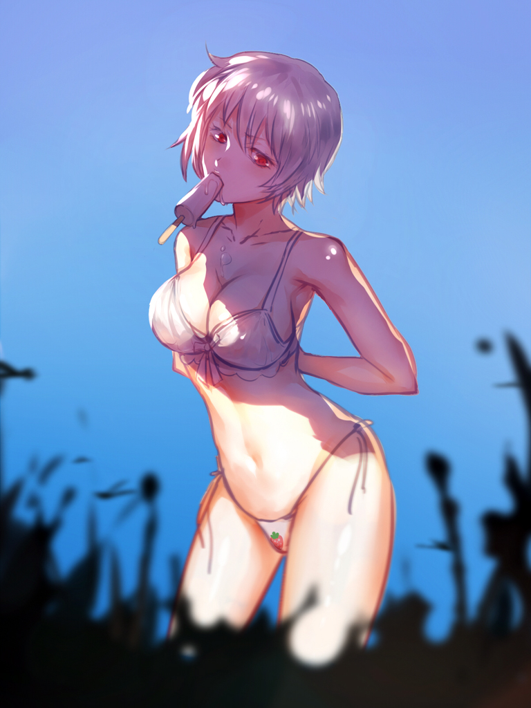 arms_behind_back big_breasts bikini canon_genderswap cleavage female female_only genderswap_(mtf) ginko_sakata gintama gintoki_sakata hangleing ice_cream looking_at_viewer object_in_mouth red_eyes rule_63 short_hair side-tie_bikini silver_hair solo swimsuit white_bikini