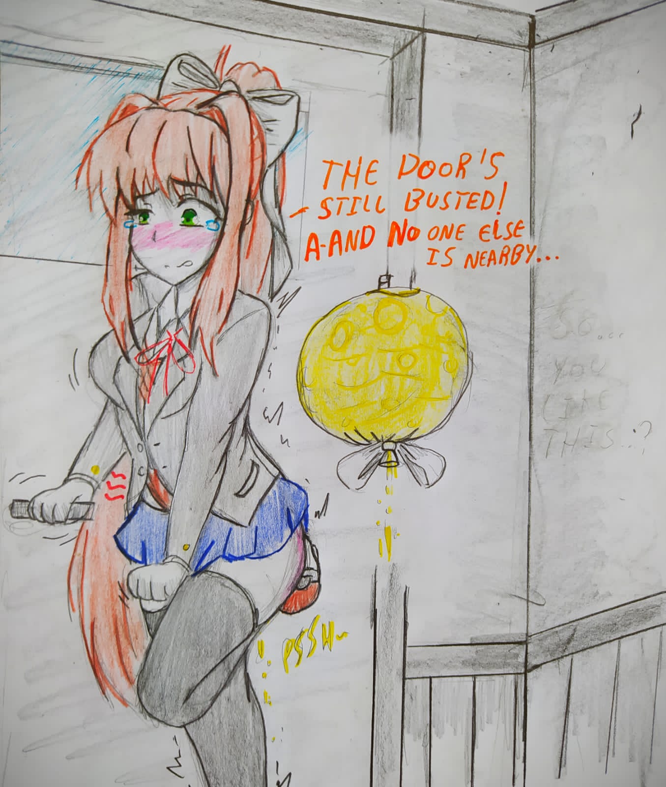 alphahyoudou bathroom bladder_gauge doki_doki_literature_club locked_out monika_(doki_doki_literature_club) need_to_pee omorashi