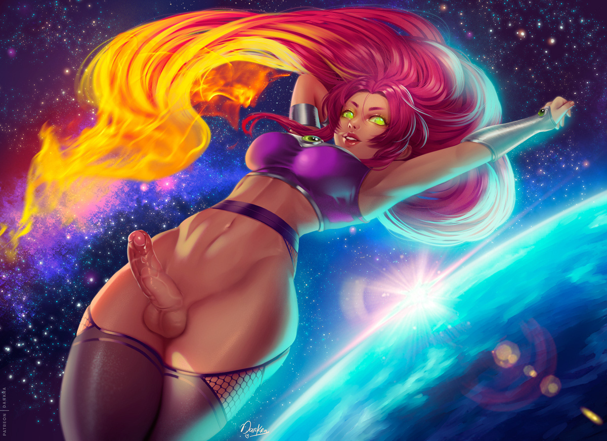 1futa, 2020, balls, big breasts, big penis, bottomless, breasts, clothed, clothing, darkra, dc, dc comics, erection, futa only, futanari, glowing eyes, humanoid, humanoid penis, intersex, paid reward, partially clothed, penis, planet, solo, space, starfire, tamaranean, wide hips