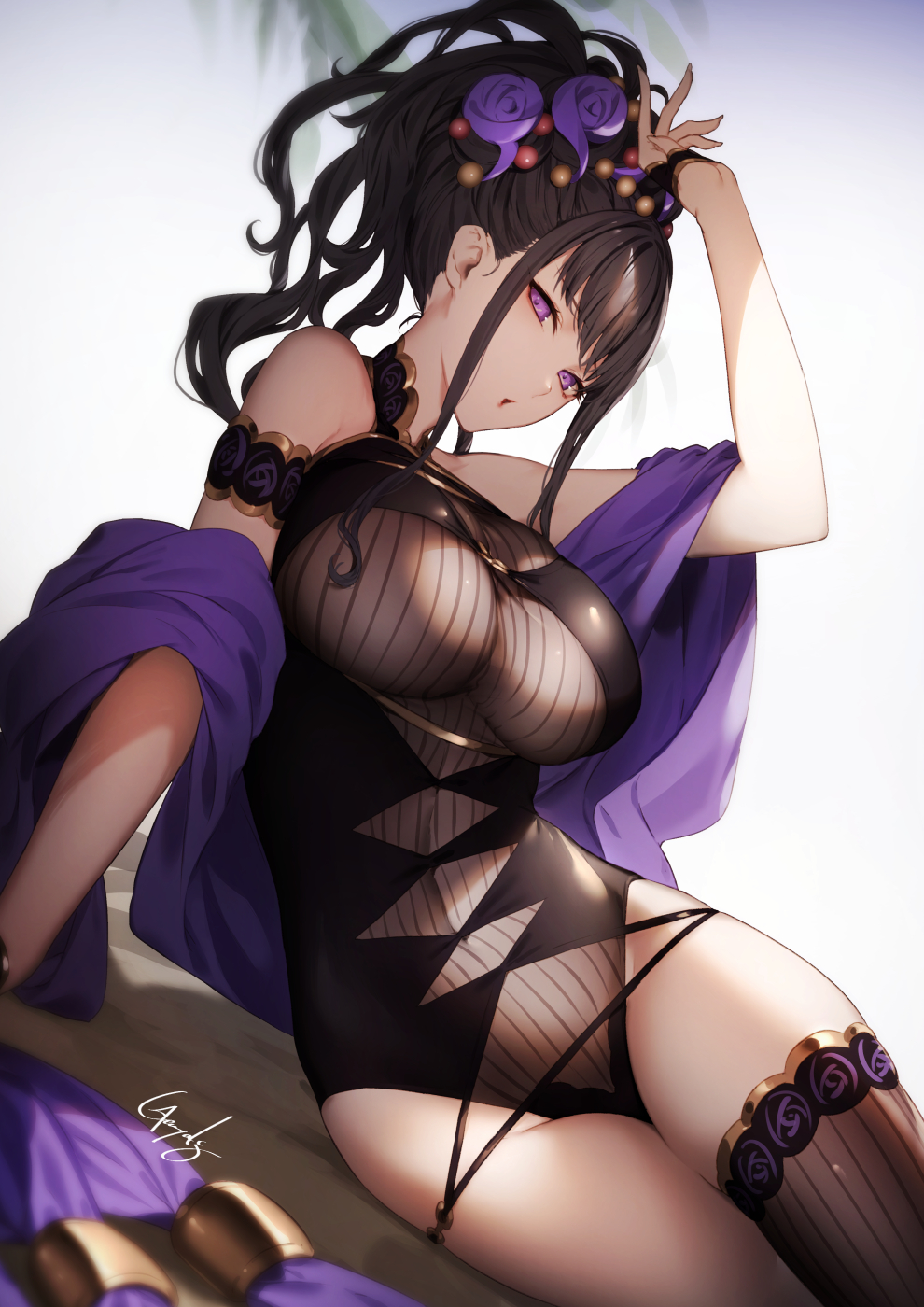 armlet bangs bare_shoulders black_gloves black_hair black_swimsuit breasts covered_navel fate/grand_order fate_(series) female fingerless_gloves flower genyaky gloves gold_trim hair_flower hair_ornament hair_up half_gloves highleg highleg_swimsuit highres large_breasts long_hair looking_at_viewer murasaki_shikibu_(fate) murasaki_shikibu_(swimsuit_rider)_(fate) one-piece_swimsuit open_mouth purple_eyes shawl swimsuit thighs tied_hair