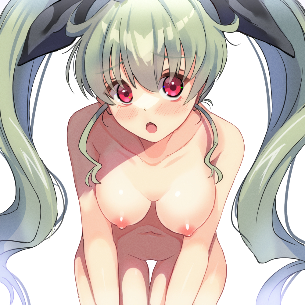 anchovy_(girls_und_panzer) bangs black_ribbon blazeillust blush breasts collarbone completely_nude drill_hair female girls_und_panzer green_hair hair_between_eyes hair_ribbon large_breasts long_hair nipples nude open_mouth red_eyes ribbon simple_background solo twin_drills white_background