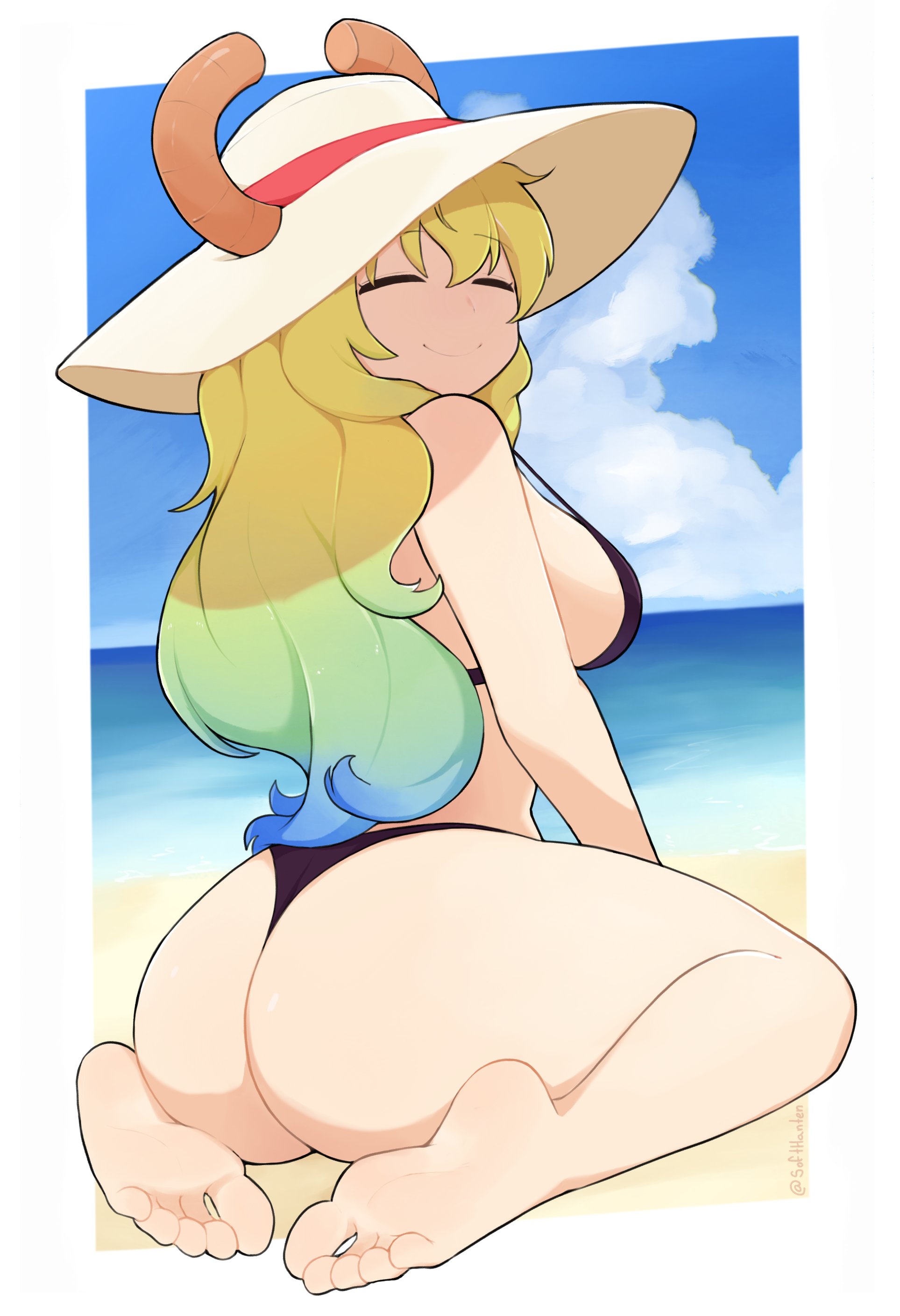 absurdres, ass, bangs, barefoot, beach, bikini, black bikini, blonde female, blonde hair, blue hair, border, breasts, closed eyes, closed mouth, cloud, cloudy sky, dragon horns, english commentary, feet, female, from behind, full body, gradient hair, green hair, highres, horns, horns through headwear, kobayashi-san chi no maidragon, large breasts, legs, long hair, looking at viewer, looking back, lucoa, lucoa (maidragon), miss kobayashi's dragon maid, multicolored hair, outdoors, quetzalcoatl (dragon maid), shadow, shiny, shiny skin, sidelocks, sitting, sky, smile, softhanten, soles, solo, swimsuit, thighs, toes, twitter username, wariza, white border