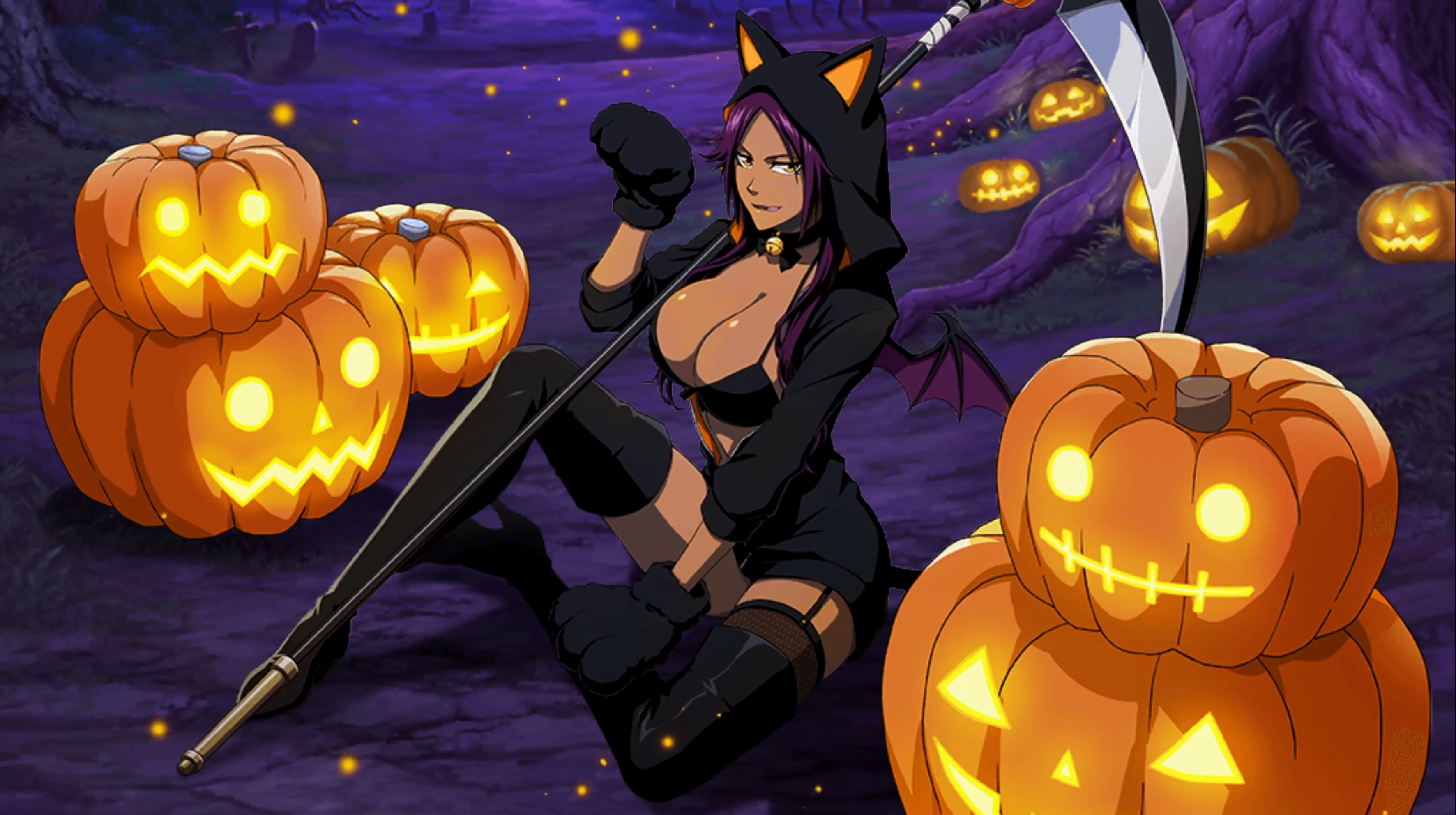 1girls, bleach, bleach brave souls, bra, cosplay, costume, dark skin, dark-skinned female, female, female only, halloween, jack-o'-lantern, jacket, legwear, looking at viewer, pumpkin, purple hair, scythe, shihouin yoruichi, solo female, tagme