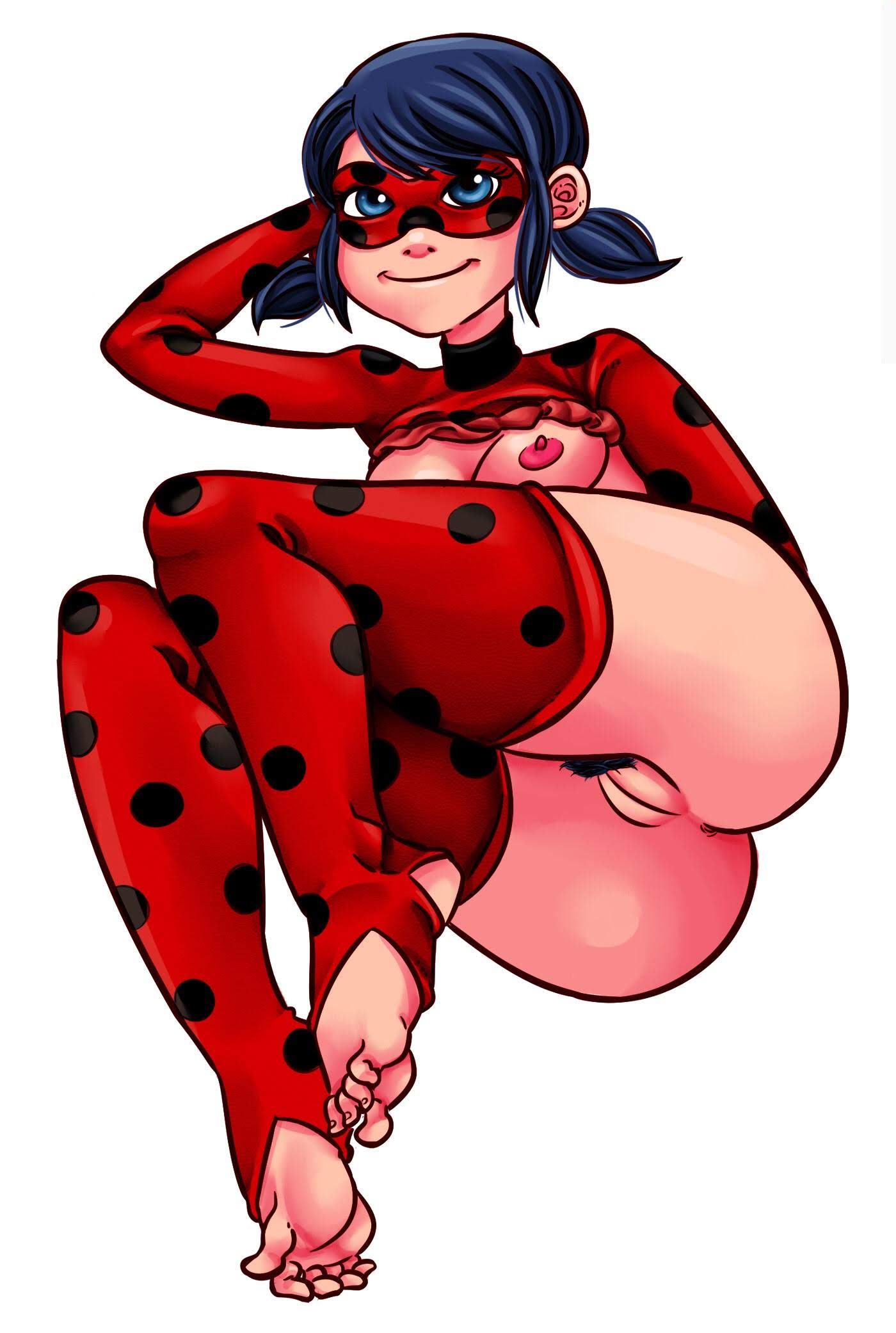 anus, ass, blue eyes, blue hair, breasts, domino mask, exposed breasts, feet, female, female only, foot fetish, ladybug (character), lifted shirt, lying down, marinette cheng, marinette dupain-cheng, miraculous ladybug, nipples, polka dot, pubic hair, pussy, smile, solo, spots, straight hair, thighhighs, toes, twintails