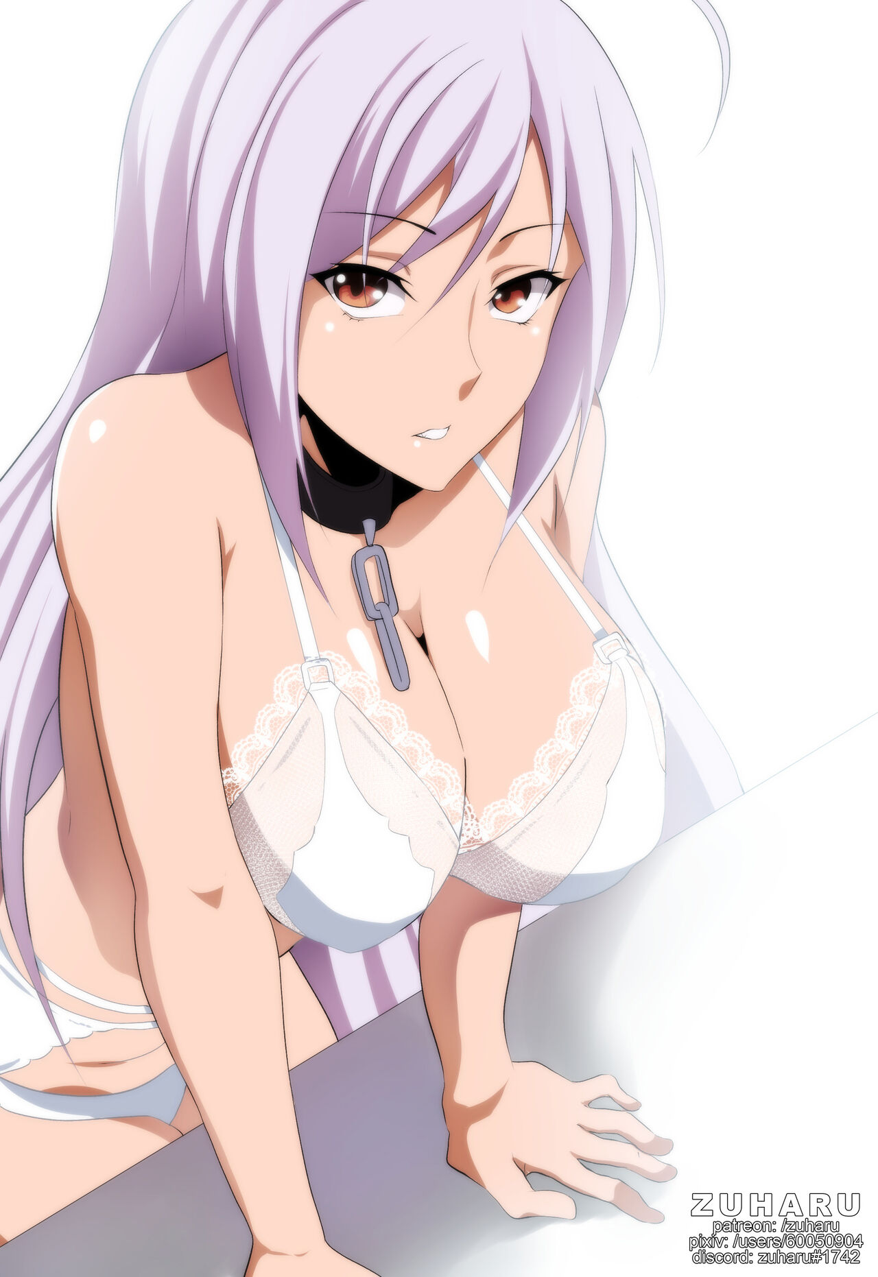 1girls, akashiya moka, big breasts, bikini, breasts, covering, covering breasts, covering self, embarrassed, eye visible through hair, female, garter belt, inner moka, looking at viewer, red eyes, rosario+vampire, string bikini, tagme, thick thighs, thigh gap, tsundere, vampire, zuharu