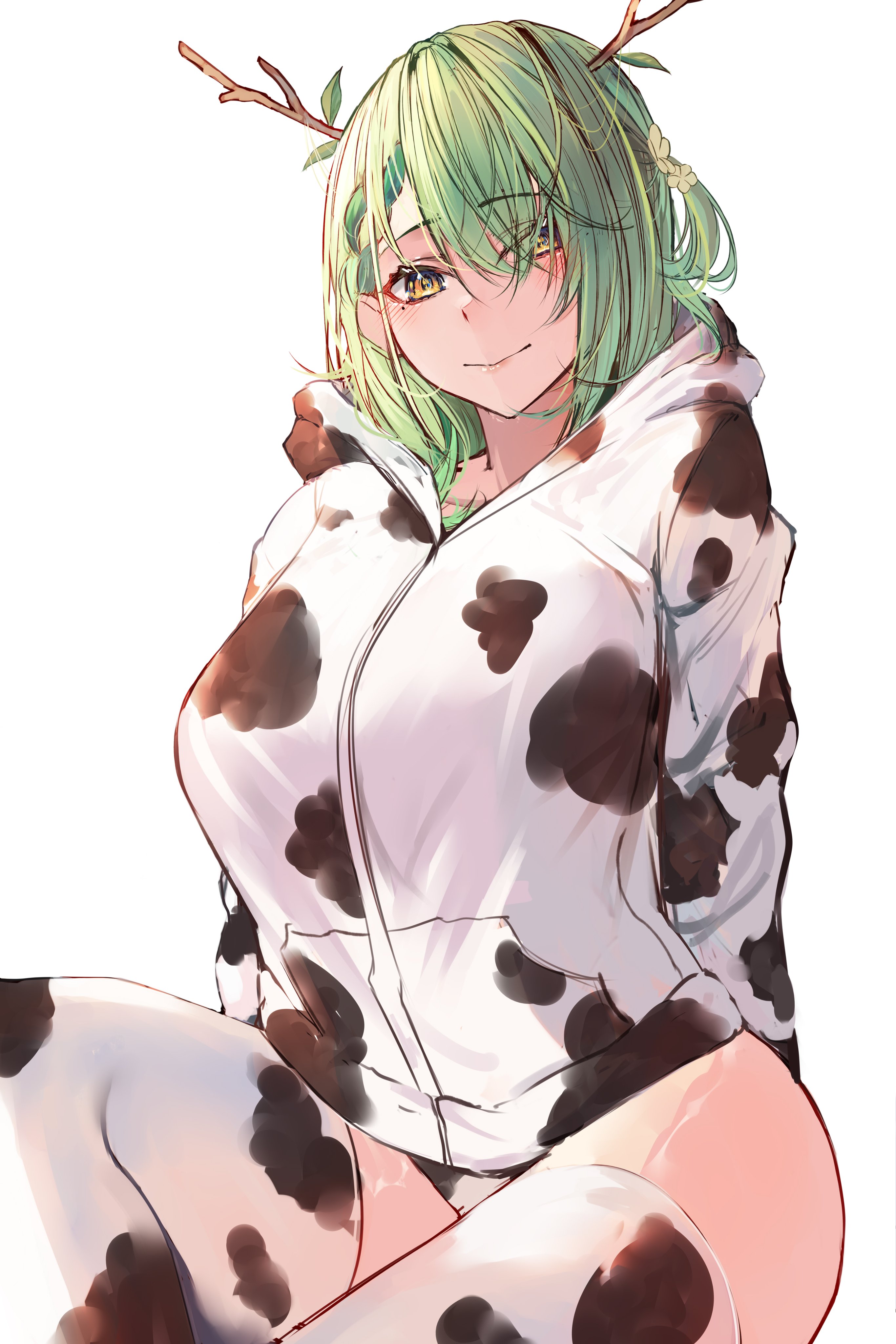 big breasts, breasts, ceres fauna, cow print, female, flower in hair, ginga elyka, green hair, hololive, hololive english, hololive english -council-, hololive english -promise-, horns, large breasts, naokomama, panties, virtual youtuber, white background