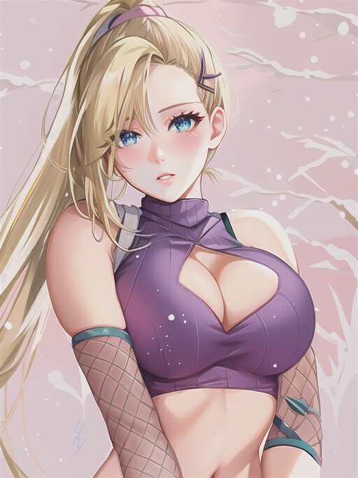 1girls, asheserart, bare shoulders, big breasts, blonde hair, blue eyes, blush, breasts, busty, center opening, cleavage, crop top, cute, cute face, elbow pads, eyelashes, female, female only, fishnets, ino yamanaka, long hair, looking at viewer, naruto, naruto (series), naruto shippuden, no bra, ponytail, purple clothing, skimpy, skimpy clothes, sleeveless, sleeveless shirt, solo, solo focus, teenage female, teenager, tied hair, upper body, very long hair
