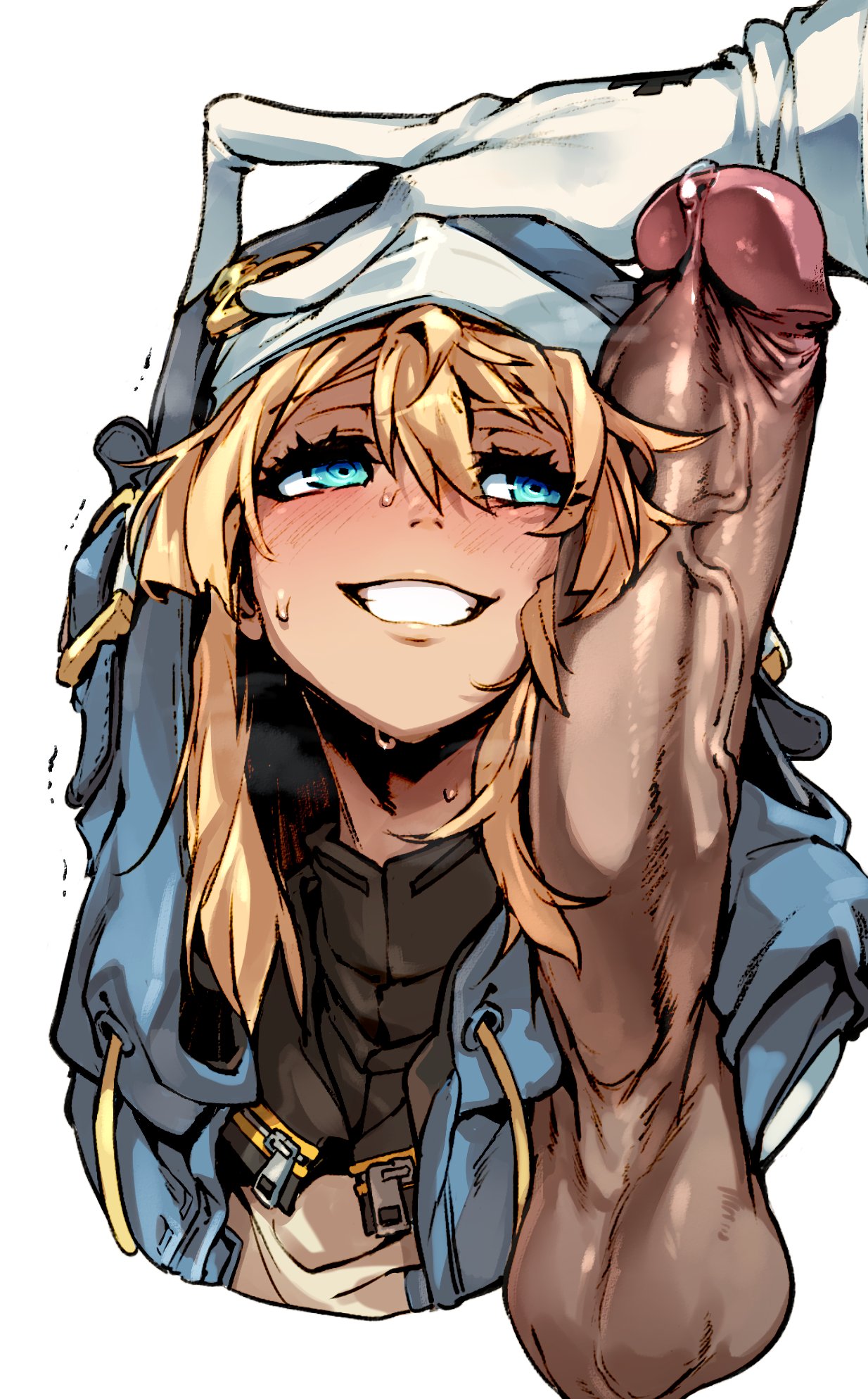 2boys big_penis blonde_hair blue_eyes blush blush_lines blushing bridget bridget_grin doppel erect_penis erection femboy glove gloves guilty_gear hand_on_head headpat light_skin male_only penis penis_on_face precum smile sweat sweating veiny_penis yaoi zipper