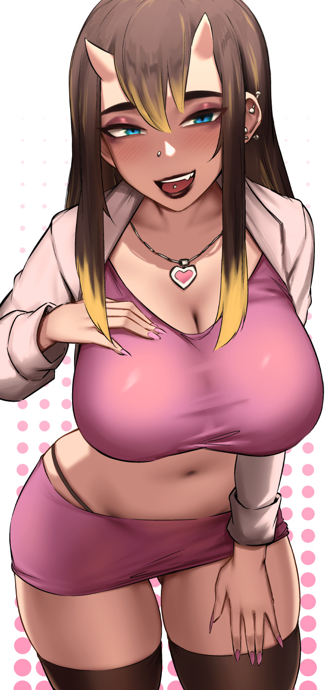 1girls, big breasts, black lipstick, blue eyes, blush, breasts, brown hair, clothing, ear piercing, female, female only, gyaru, hi res, horns, long hair, looking at viewer, microskirt, miniskirt, narrowed eyes, nose piercing, oni, oni horns, open mouth, roresu, smiling at viewer, solo, solo female, thighhighs, tongue piercing, white background, yellow highlights