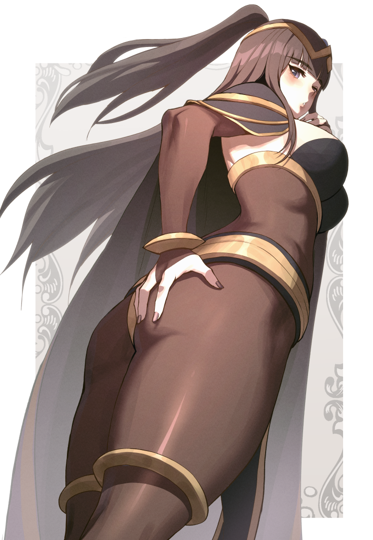 1girls 2d ass ass_grab big_ass black_hair blush bodystocking bodysuit breasts bridal_gauntlets cape carcass_(artist) female female_only fire_emblem fire_emblem_awakening foreshortening from_below grabbing_own_ass hand_on_own_ass korean_commentary large_breasts long_hair looking_at_viewer looking_back looking_down md5_mismatch nintendo purple_eyes simple_background skin_tight solo tharja_(fire_emblem) thighs tiara two_side_up