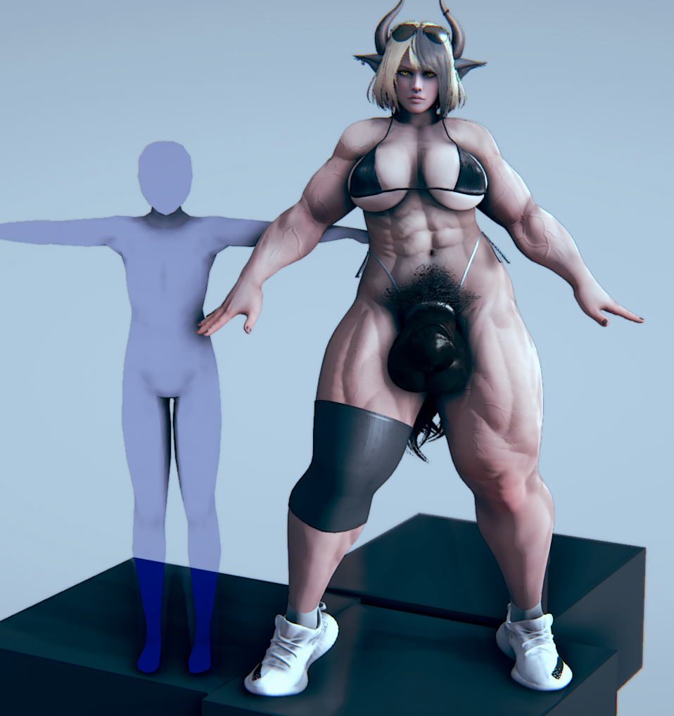 3d, abs, bikini, breasts, bulge, flaccid, futa only, futanari, hdregrets, horns, horsecock, intersex, jen ocee, large breasts, muscular, muscular futa, penis, swimsuit, tail