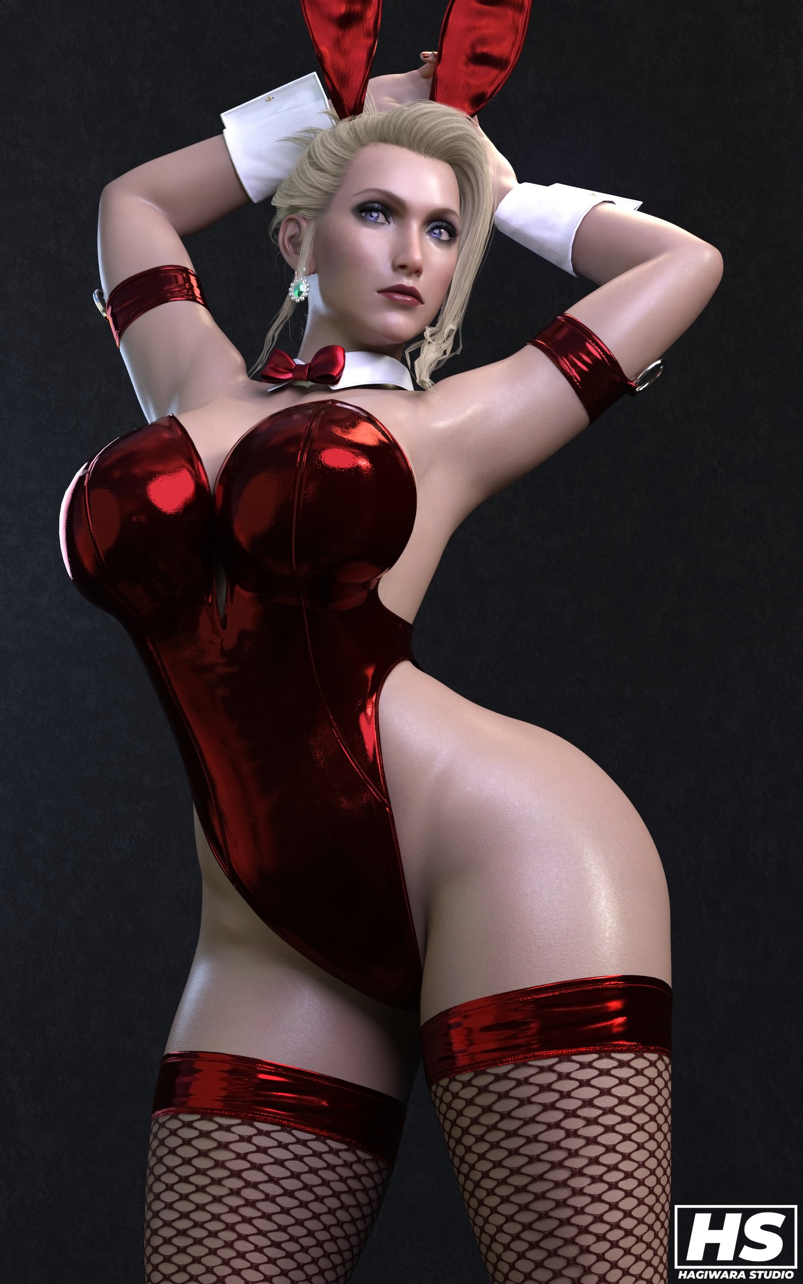 1girls, 3d, big breasts, blonde female, bowtie, breasts, bunny ears, bunnysuit, curvaceous, curves, curvy, curvy figure, eyelashes, eyeliner, female, female only, final fantasy, final fantasy vii, final fantasy vii remake, fishnets, hagiwara studio, huge breasts, large breasts, lipstick, long hair, mature, mature female, scarlet (ffvii), solo, square enix, stockings, tagme, thick thighs, thighhighs, thong, video games