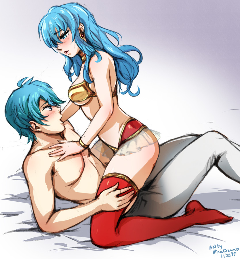1boy, 1girls, 2019, bed, before sex, big breasts, blue eyes, blue hair, blush, bra, breasts, brother and sister, choker, clothed, clothing, cowgirl position, dominant female, earrings, eirika (fire emblem), ephraim (fire emblem), eye contact, female, female on top, fire emblem, fire emblem: the sacred stones, foreplay, imminent sex, incest, jewelry, light blue eyes, light blue hair, lingerie, long hair, looking at another, looking at partner, male, minacream, miniskirt, naked stockings, nintendo, nipples, panties, pants, partially clothed, see-through, siblings, skirt, source request, straight, sweat, teal eyes, teal hair, thighhighs, tights, topless male, twincest, twins, white skin
