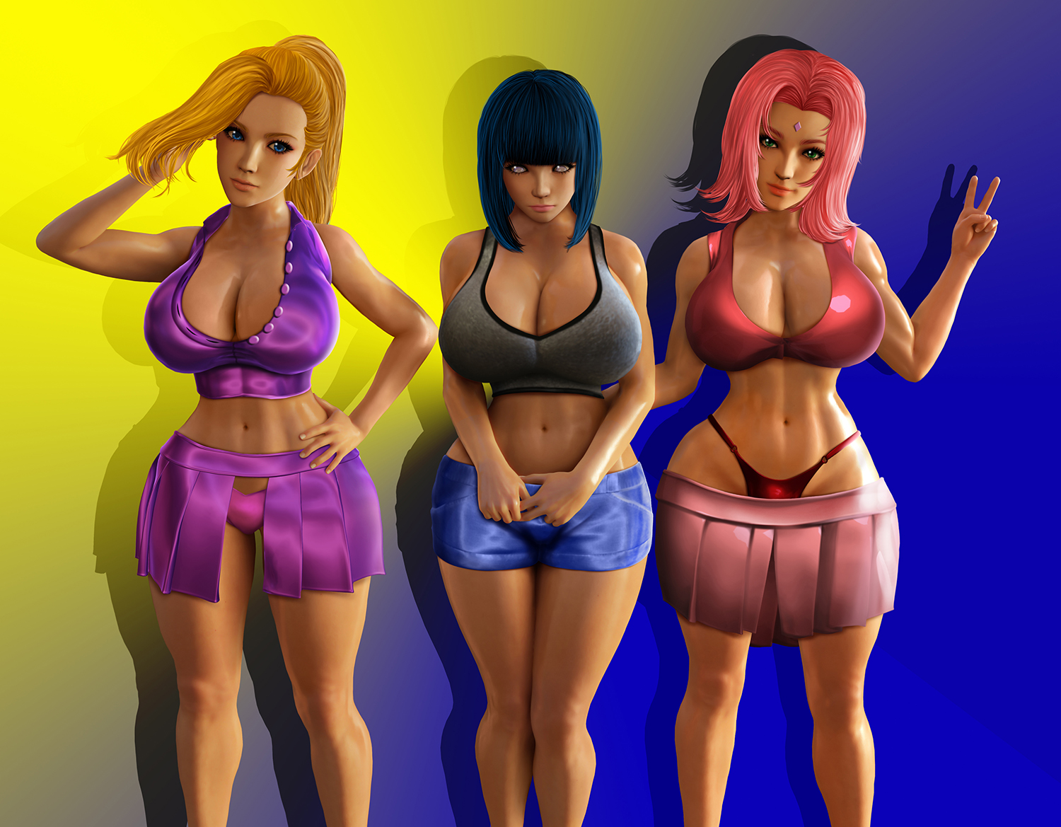 3d, 3girls, bangs, blonde female, blonde hair, blue eyes, blue hair, breasts, cleavage, cursedmadara, female, female only, forehead mark, green eyes, hair flip, hand on hip, haruno sakura, hime cut, hourglass figure, huge breasts, hyuuga hinata, ino yamanaka, large breasts, looking at viewer, microskirt, midriff, naruto, naruto (series), naruto shippuden, navel, panties, peace sign, pink hair, ponytail, purple eyes, sakura haruno, shiny skin, short shorts, shorts, shy, skirt, skirt down, smile, sports bra, unbuttoned, voluptuous, yamanaka ino