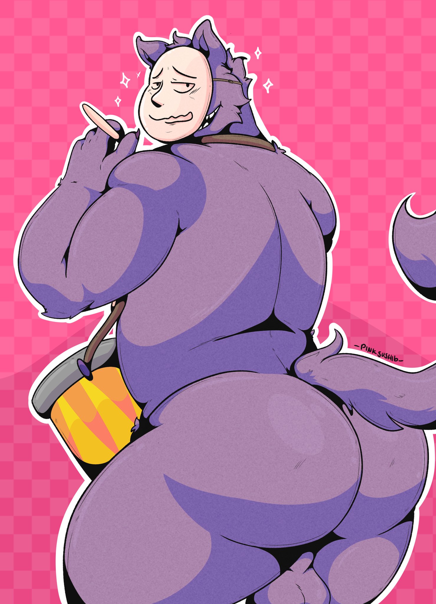 anthro, ass, balls, big ass, big butt, bubble ass, bubble butt, checkered background, drums, kedamono (popee the performer), male, mask, pink background, popee the performer, purple fur, round ass, round butt, solo male, sparkles, tail, thecaptainteddy, wolf