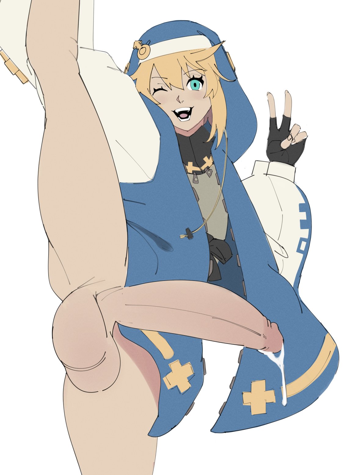 1boy balls big_balls big_penis blonde_hair blue_eyes bridget eye_contact fingerless_gloves flat_colors gloves guilty_gear guilty_gear_strive long_hair looking_at_viewer male male_only oojiart peace_sign penis solo solo_male standing standing_on_one_leg testicles