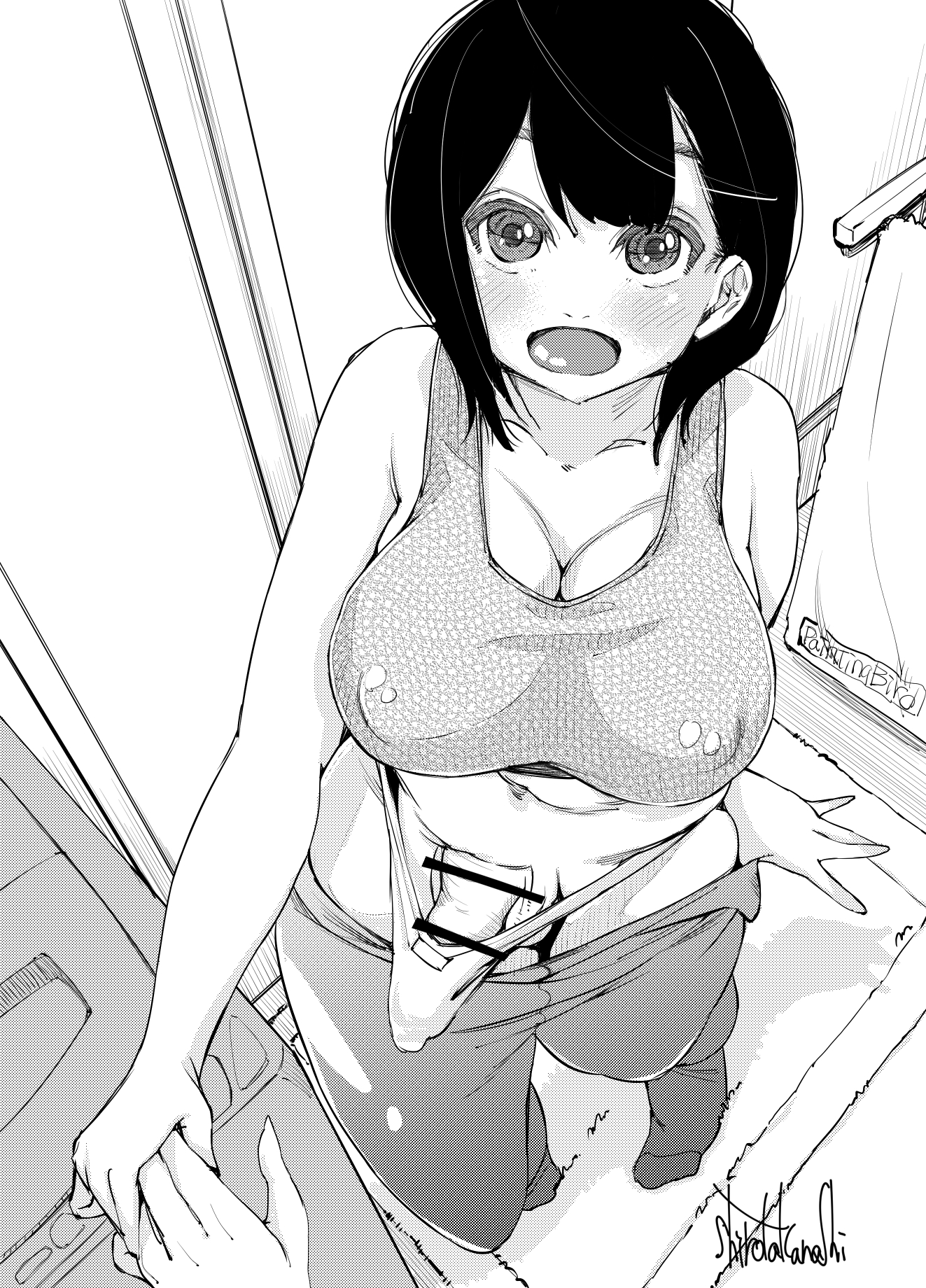 1futa, bar censor, big breasts, black hair, breasts, censored, clothed, clothing, erection, erection in panties, erection under clothes, futa only, futanari, greyscale, high-angle view, human, intersex, large breasts, looking at viewer, monochrome, mostly clothed, paintingbird, panties, penis, penis under clothes, pulling down pants, short hair, solo, standing, takanashi shirou, tenting