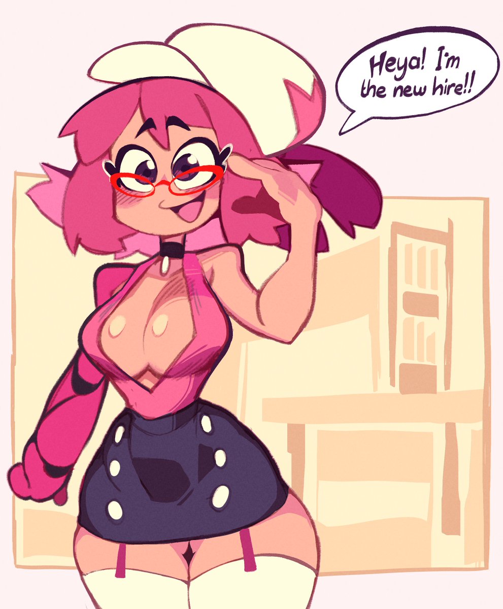 1girls, black eyes, blush, breasts, cherry (zephyr), dialogue, english text, female, female only, garter straps, glasses, hat, inner sideboob, legs together, looking at viewer, office lady, pink hair, secretary, skirt, smiling at viewer, solo, solo female, speech bubble, talking to viewer, thighhighs, white thighhighs, zephyrgales