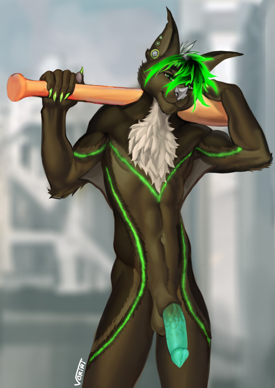 2022 anthro balls brown_body brown_fur digital_media_(artwork) ear_piercing ear_ring fur genitals green_eyes green_hair hair hi_res male male_focus male_only midriff navel penis piercing ring_piercing smile solo standing variri