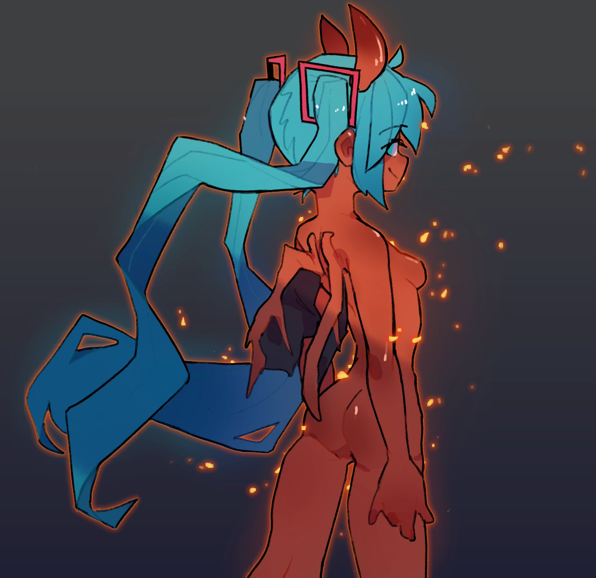 1girl, aqua eyes, aqua hair, arm at side, ass, ass focus, back view, bare arms, bare ass, bare back, bare breasts, bare legs, bare shoulders, bare thighs, barely visible breasts, blue eyes, blue hair, breasts, burning, closed mouth, completely nude, cowboy shot, demon, demon girl, demon horns, demon tail, demon wings, embers, female, female focus, female only, fire, from behind, from side, grey background, hair ornament, hatsune miku, horns, knuxy, long hair, naked, nude, petite, petite body, red skin, side glance, sideboob, simple background, slim, slim waist, small ass, small breasts, small waist, smile, smiling, solo, standing, thigh gap, thighs, twintails, very long hair, vocaloid, walking, wings