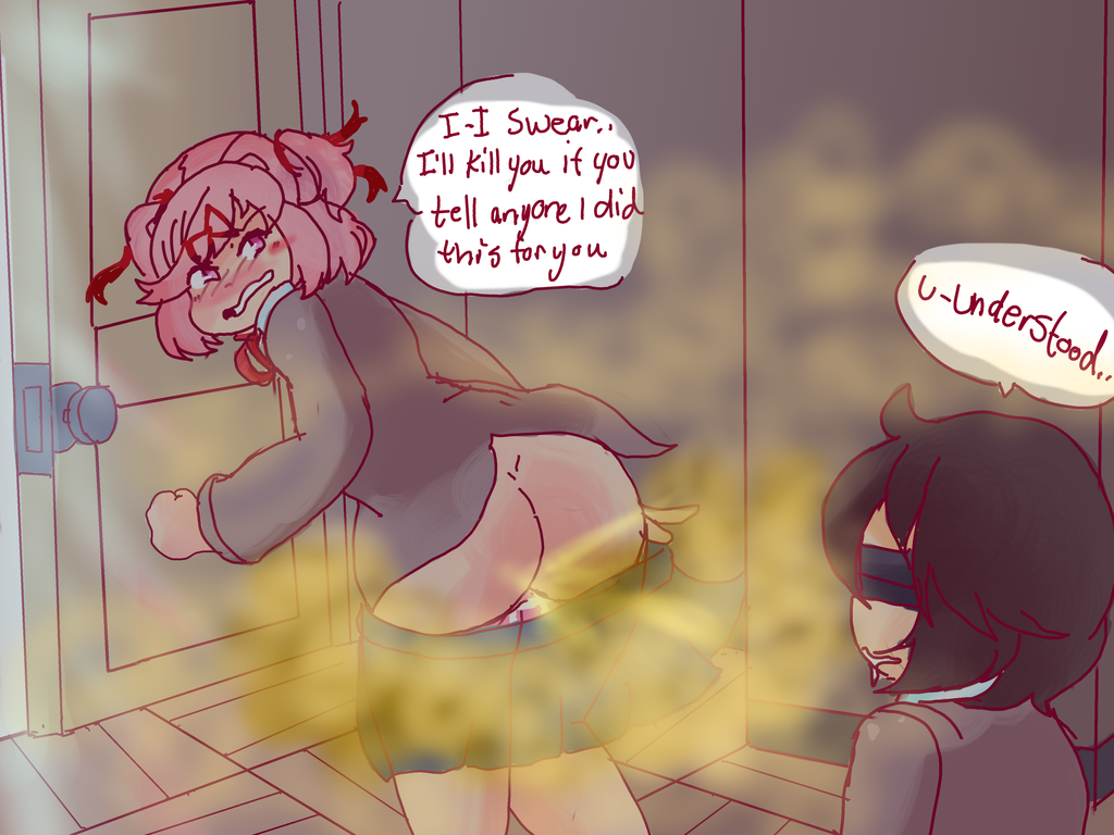 blindfold blindfolded blush closet doki_doki_literature_club doorknob fart farting farting_in_face farting_on_another farting_on_face flustered kirbyoblue1 looking_back looking_back_at_another male natsuki_(doki_doki_literature_club) panties_down pink_eyes pink_hair pink_panties school_uniform skirt_down text text_bubble tsundere uniform