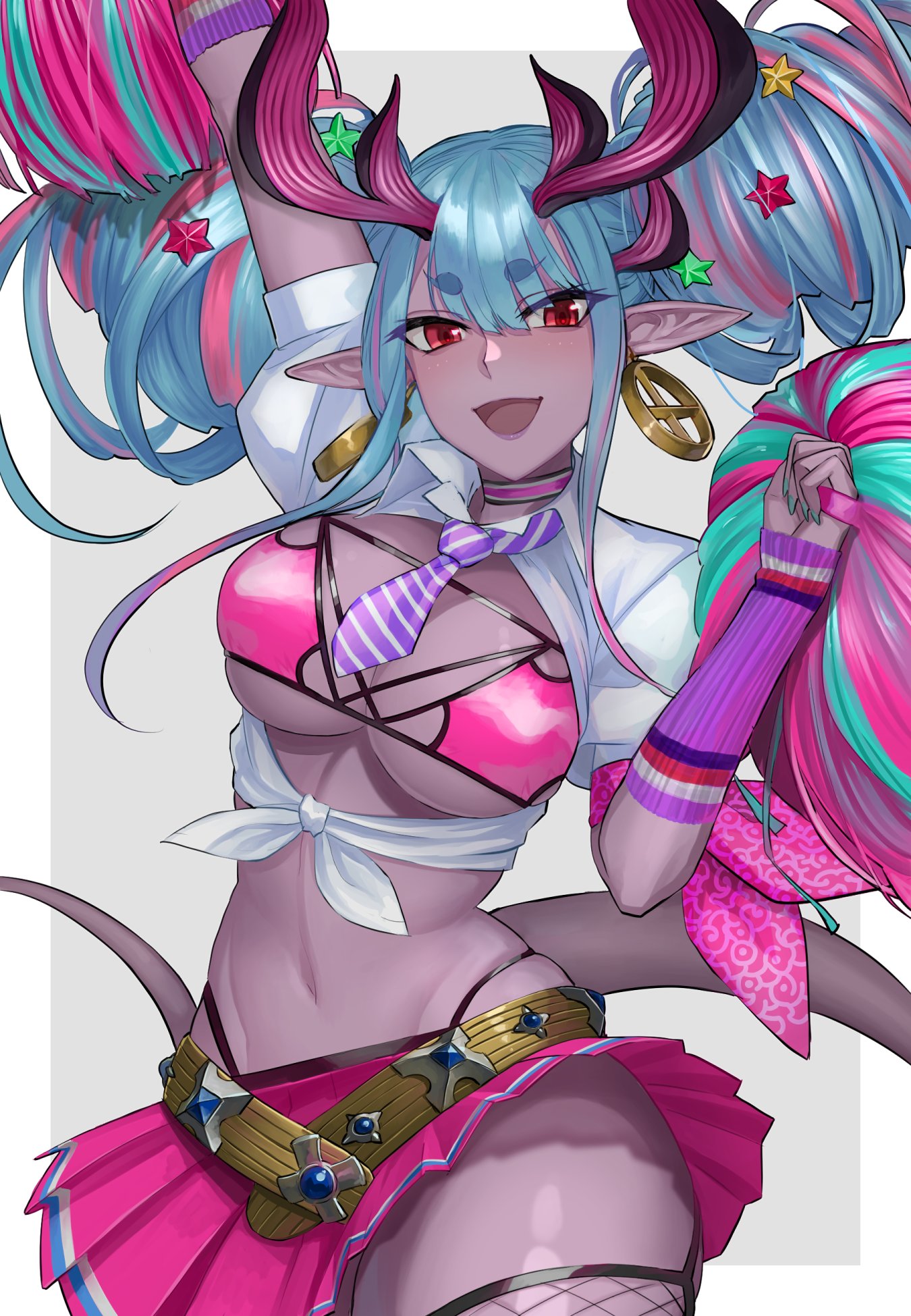 ass, big ass, big breasts, bikini, bimbo, blue hair, breasts, colored skin, curvy, earrings, fangs, fat ass, fate (series), fate/grand order, female, fishnets, grey skin, gyaru, hair ornament, hakohako-does, highres, holding, holding pom poms, horns, hourglass figure, huge ass, huge breasts, ibuki douji (fate), ibuki douji (swimsuit berserker) (fate), jewelry, large ass, large breasts, miniskirt, multicolored hair, navel, necktie, oni, oni horns, open clothes, open shirt, pink bikini, pink skirt, pleated skirt, pointy ears, pom pom (cheerleading), purple hair, purple necktie, red eyes, school uniform, shirt, short sleeves, skirt, solo, star (symbol), star hair ornament, striped necktie, swimsuit, tail, thick ass, thick thighs, tied shirt, twintails, upper body, voluptuous, white shirt